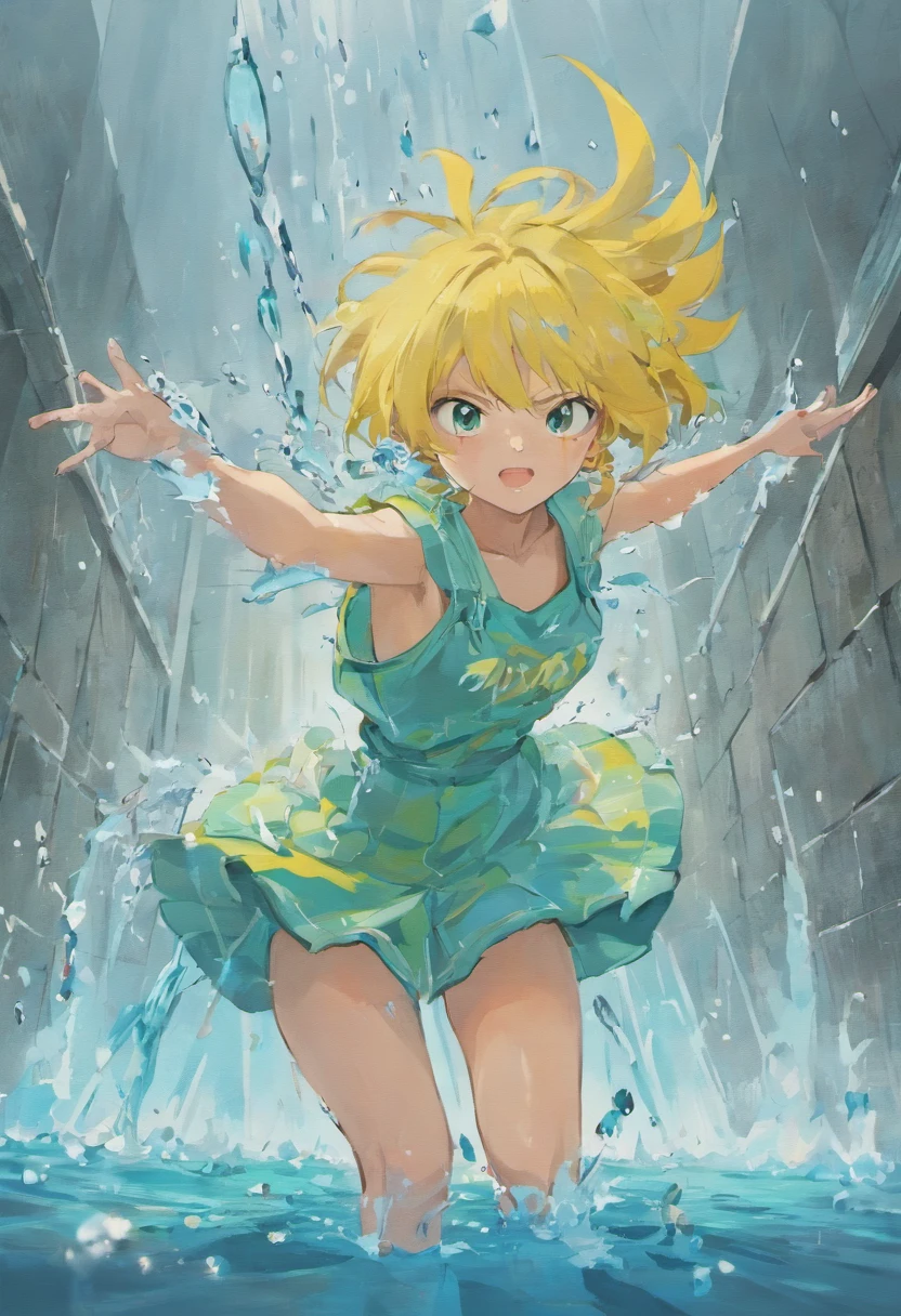Masute Piece, bestquality, (Dynamic Poses:0.5), Absurd, 1girl in,  Combat moves, Water Drill, (Water attack:1.5) wet clothes, Wet hair, Wet face, Water after stirring, multicolored hair, (breeze:1.4)