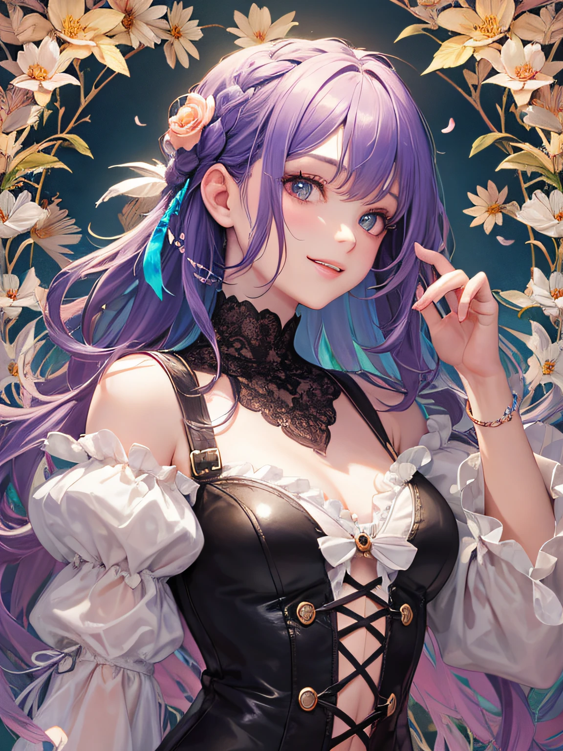 ((navy blue and purple mixed hair)),((Short curly hair)),((soft smiling)),((Mocking smile)),(double sleeve long sleeve clothes),(striped long sleeve tops),((white long vest),((Shining corset with sequins)),((Put your finger to your mouth)),((Frontal perspective)),Slight red tide,((looking at me、she dressed boldly.)),((Covered with black and purple and blue roses))(Vampires),((long fangs)),(Yodare),(A writhing face as if immersed in pleasure),(((close up of face))),((Collars and necklaces decorated with roses)),(A moonlit night with a huge purple full moon),((Late night outdoor))