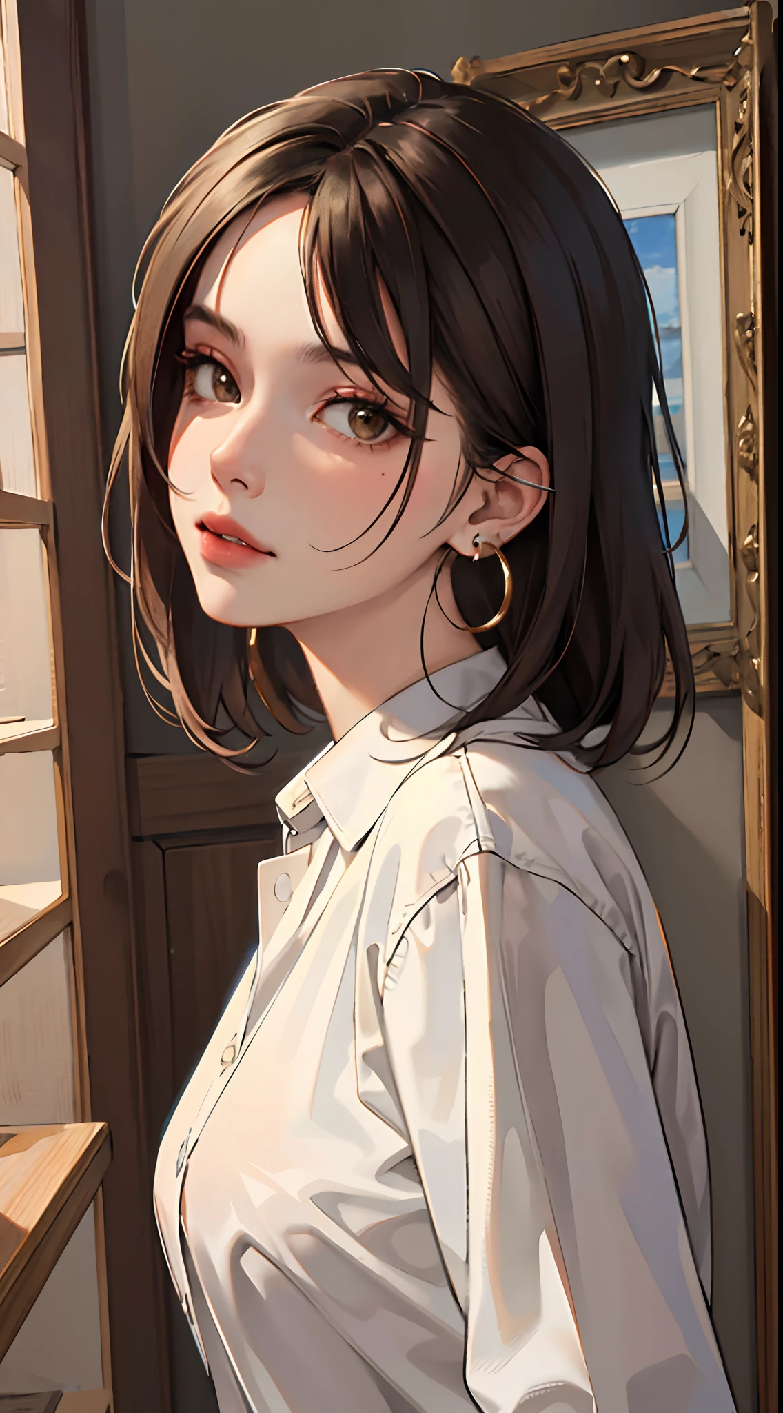 (masterpiece:1.2, best quality), (real picture, intricate details), solo, 1milf, home, close-up face, shirt, (front focus), large round earrings, Looking at me, bangs