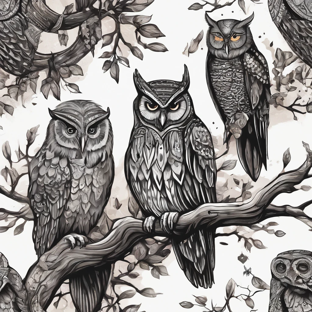 design de camisetas, tatuagem, fundo preto, centrado na arte, 2D, vetor, respingos de cores vivas, detalhes intrincados, Character Māori owl in black oil decal with wet glitter look, noite de lua cheia, Meia-noite, graveyard, graves, Dry trees, Anel luminoso, Vinheta de borda, Greg Rutkowsk high resolution