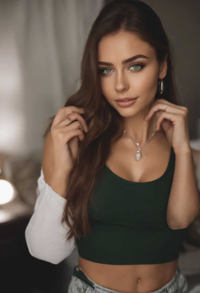 arafed woman with a white tank top and a necklace, sexy girl with green eyes, portrait sophie mudd, brown hair and large eyes, selfie of a young woman, bedroom eyes, violet myers, without makeup, natural makeup, looking directly at the camera, face with artgram, subtle makeup, stunning full body shot, piercing green eyes