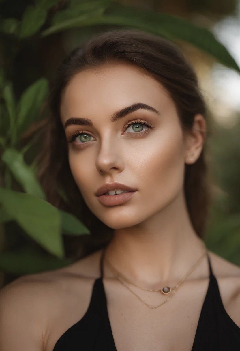 arafed woman with a white tank top and a necklace, sexy girl with green eyes, portrait sophie mudd, brown hair and large eyes, selfie of a young woman, bedroom eyes, violet myers, without makeup, natural makeup, looking directly at the camera, face with artgram, subtle makeup, stunning full body shot, piercing green eyes