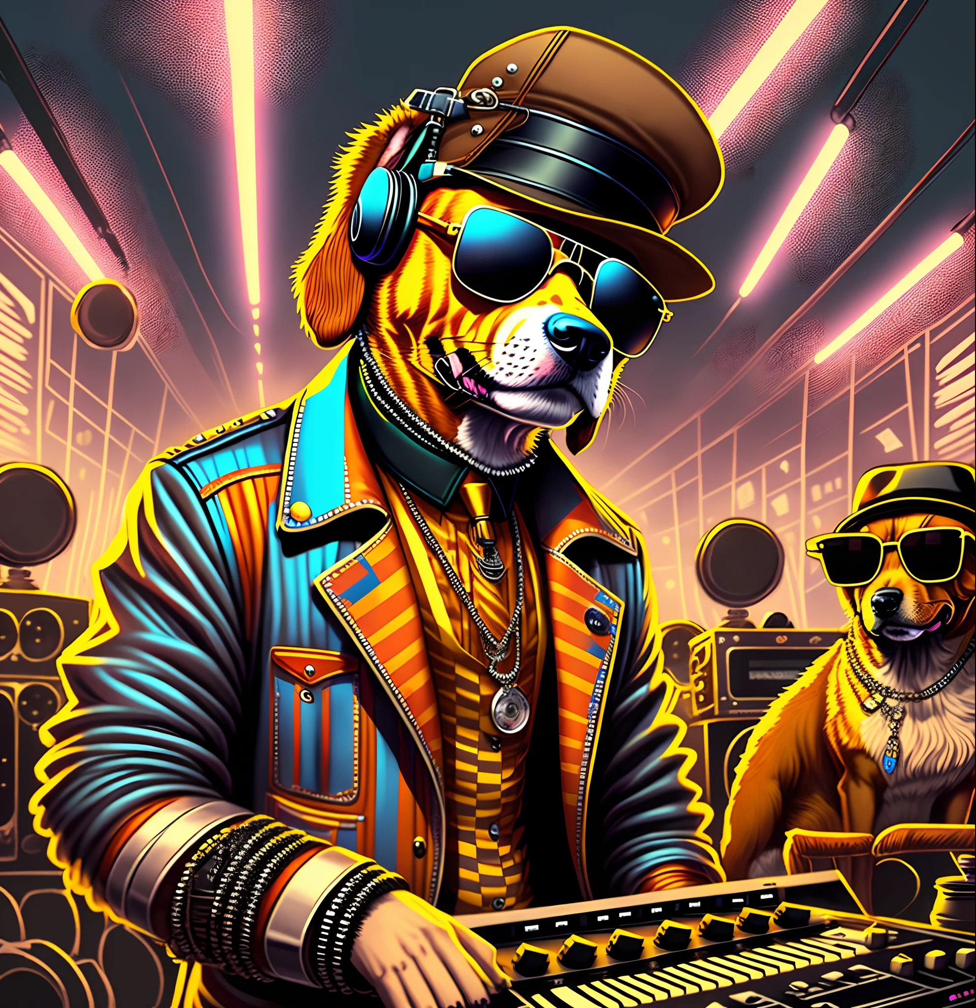 Draw a dog wearing sunglasses and DJ clothes, Trend at Artstation, Wearing a DJ rock costume, Detailed surrealist rendering, British gang members, Street style, intimidating pose, Cabaret scenes, fashionable attire,rock music，Mixing Console，Audio，lamplight，stage，Audience