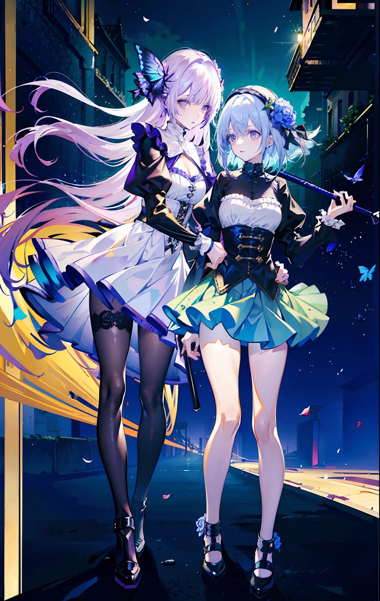 ((On the streets of the Middle Ages,2 girls,Twin sisters)),silber hair,butterflys,long whitr hair,8k wallpaper,detailedbackground,Highest high resolution,deep v big breasts,Hair over eyes,Bandeau,Purple roses,tight-fitting,themoon,stocklings,