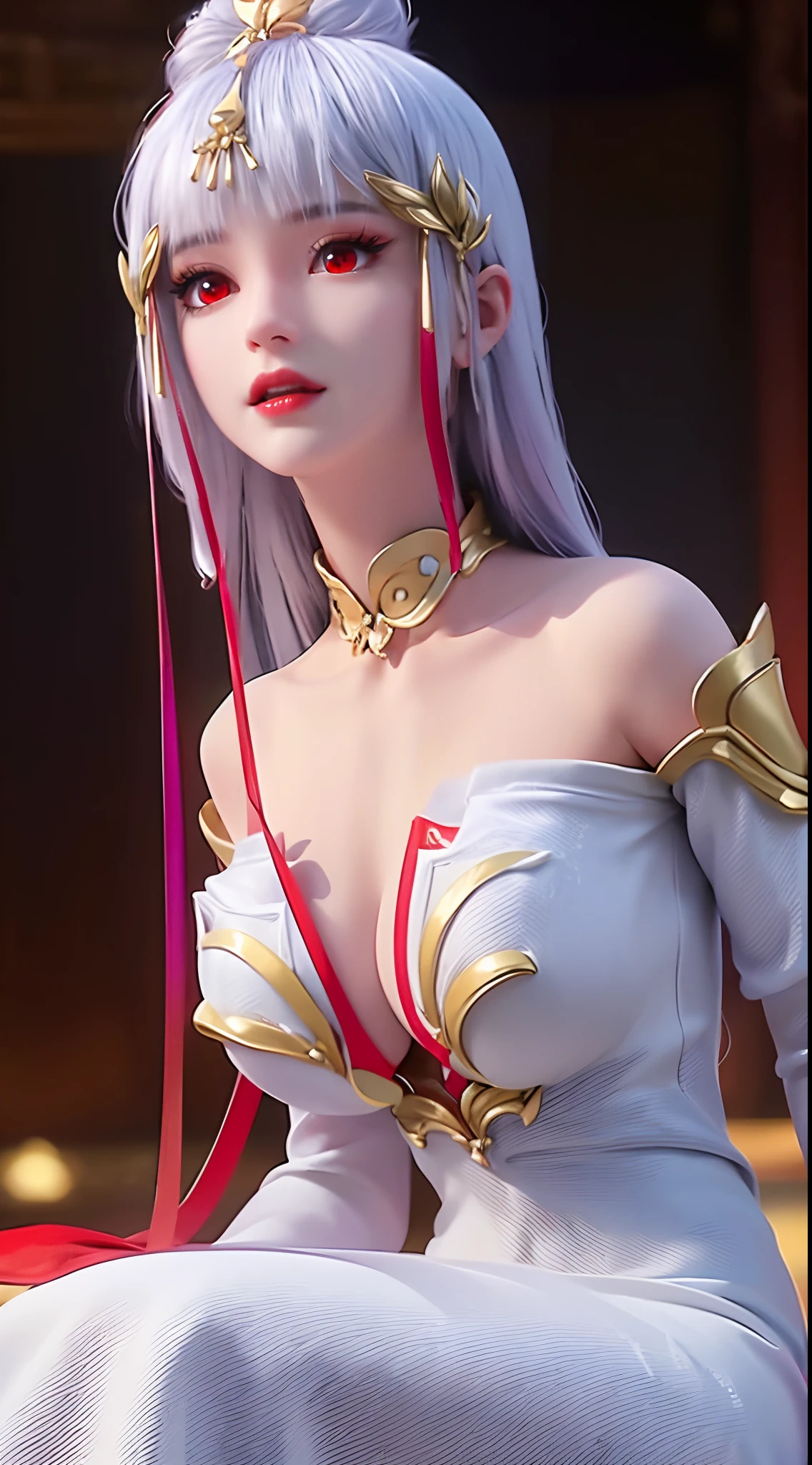 "A beautiful 20 year old young woman, (((sexy slim dress:1.6))), the body is balanced and plump, white dress with red trim, platinum hair color, platinum bangs, the most beautiful and detailed hair jewelry, extremely round shape and face beautiful, thin eyebrows, most beautiful and perfect face, ((black eye pupils:0.8)), very beautiful eyes, ((red eyes:1.4)), eyelashes makeup and beautiful details, high nose, earrings, thin lips, red lips, ((closed mouth: 1.5)), beautiful lips, (((arms behind your back:1))), smooth white skin, most beautiful thighs, ((arms spread out to the sides: 1.5)), strong arms and legs, rosy face, clean face, flawless beautiful face, smooth white skin, cleavage, ((big breasts:1.6)), ((very round breasts:1.3)), ((tight chest:1.2)), ((breast augmentation:1.5)), beautiful breasts, ((lower biceps: 1.5)), sitting across from the audience, hands on the floor, 8k photo quality, super high quality, super realistic, 10x super pixel, realistic photo, studio dark, rim light, two-tone light, (high detail skin: 1.2), ultra 8k, soft light, high quality, volumetric light, realistic, Photo, high resolution, light bright, best photo, 4k quality, Smooth and sharp, 10x pixels, (galaxy:1.7), aurora, lightning, surreal graphics, most realistic graphics, 1 girl, alone, solo, Super sharp, surreal images, closer to the girl, ((frontal portrait:1.5)),"
