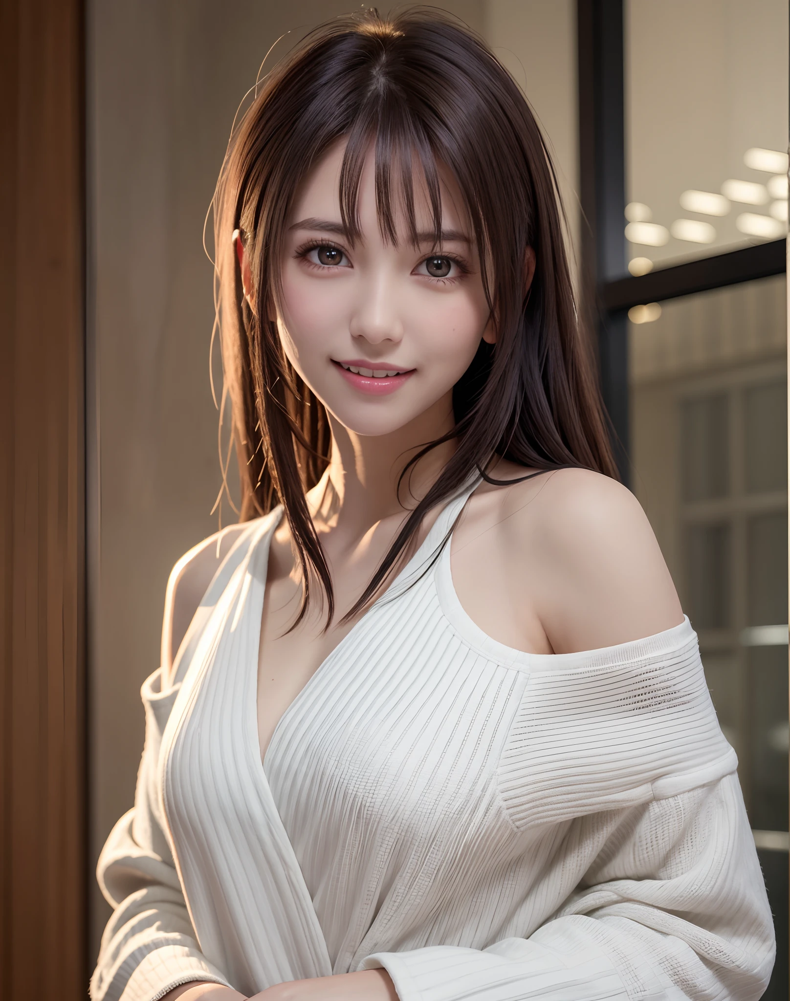 (Best Quality), (masutepiece), (High resolution), (Intricate details:0.2),(Professional Lighting), dressing gown, Detailed background, Oversized black T-shirt, off shoulders, (Previous view), 1girl in, Solo, (Beautiful face), Slim body, Fine skin, Smile, Sauvage's brown hair, Beautiful eyes, look at at viewer,