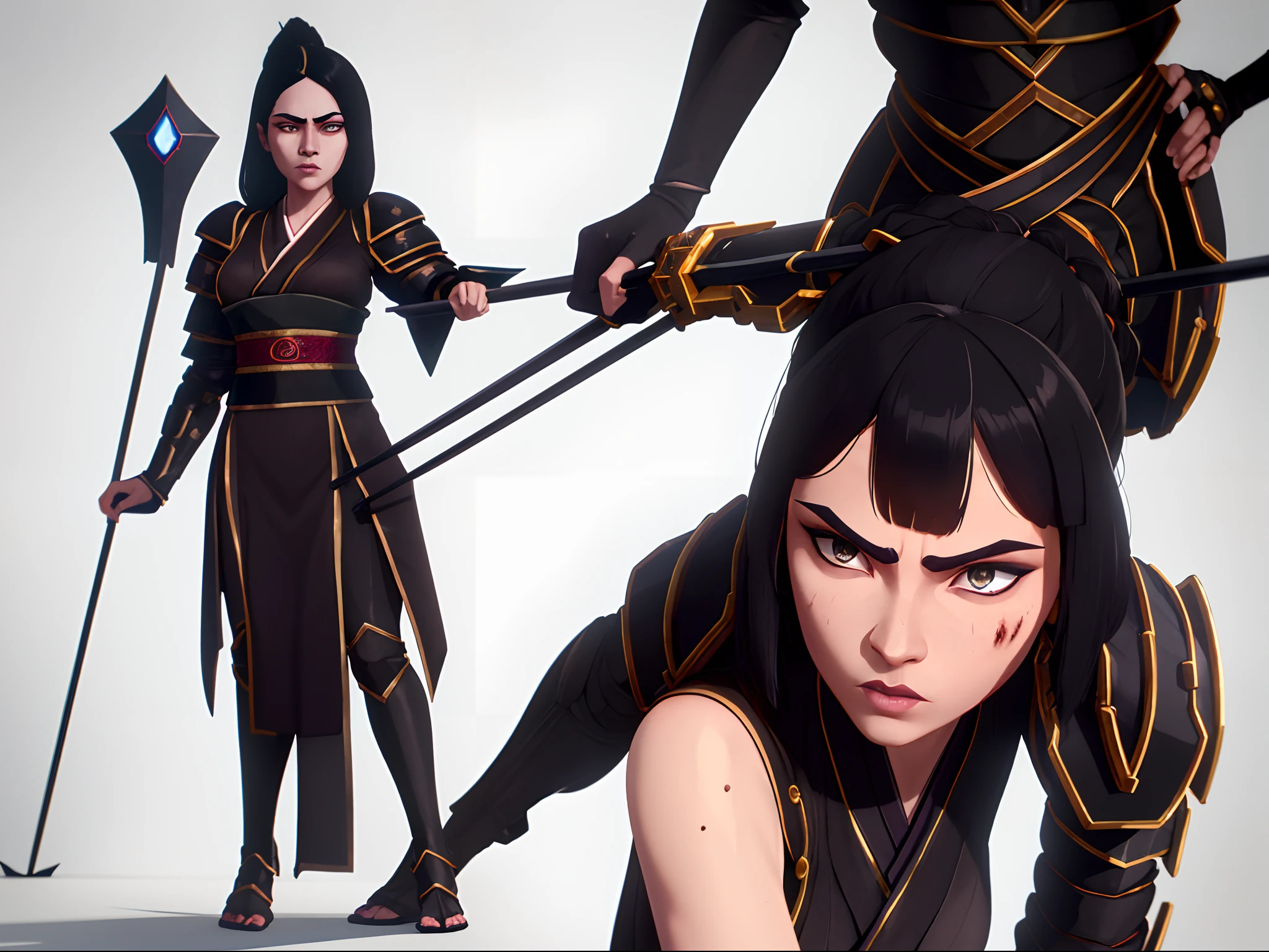 arcane style, 1girl, black hair, black clothing, shadow powers, shadow puppets, naginata, detailed eyes, good quality image, detailed face, good anatomy, 14 year old, injury, pointing naginata at camera, japanese clothing with armor, bleeding nose