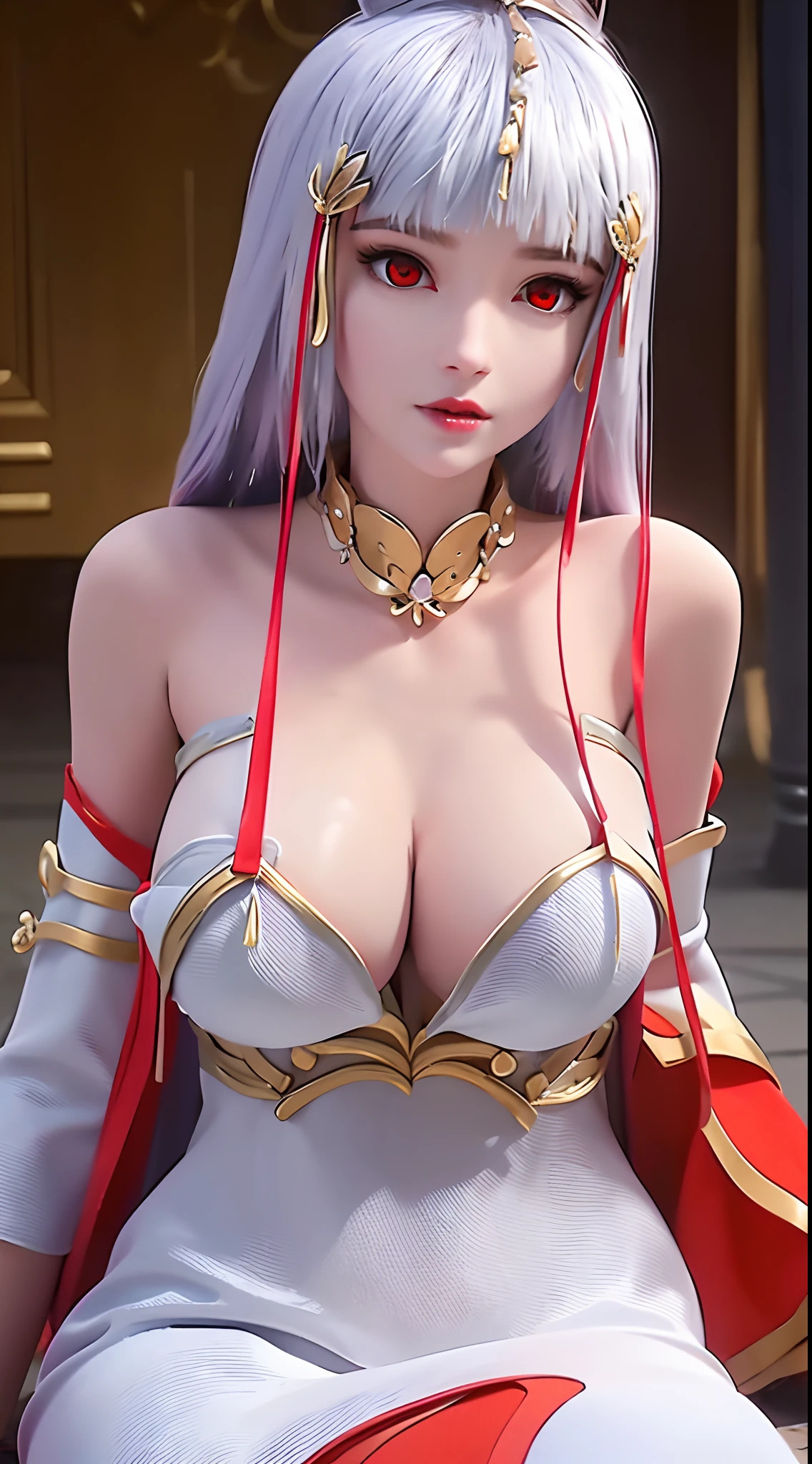 "A beautiful 20 year old young woman, (((sexy slim dress:1.6))), the body is balanced and plump, white dress with red trim, platinum hair color, platinum bangs, the most beautiful and detailed hair jewelry, extremely round shape and face beautiful, thin eyebrows, most beautiful and perfect face, ((black eye pupils:0.8)), very beautiful eyes, ((red eyes:1.4)), eyelashes makeup and beautiful details, high nose, earrings, thin lips, red lips, ((closed mouth: 1.5)), beautiful lips, (((arms behind your back:1))), smooth white skin, most beautiful thighs, ((arms spread out to the sides: 1.5)), strong arms and legs, rosy face, clean face, flawless beautiful face, smooth white skin, cleavage, ((big breasts:1.6)), ((very round breasts:1.3)), ((tight chest:1.2)), ((breast augmentation:1.5)), beautiful breasts, ((lower biceps: 1.5)), sitting across from the audience, hands on the floor, 8k photo quality, super high quality, super realistic, 10x super pixel, realistic photo, studio dark, rim light, two-tone light, (high detail skin: 1.2), ultra 8k, soft light, high quality, volumetric light, realistic, Photo, high resolution, light bright, best photo, 4k quality, Smooth and sharp, 10x pixels, (galaxy:1.7), aurora, lightning, surreal graphics, most realistic graphics, 1 girl, alone, solo, Super sharp, surreal images, closer to the girl, ((frontal portrait:1.5)),"