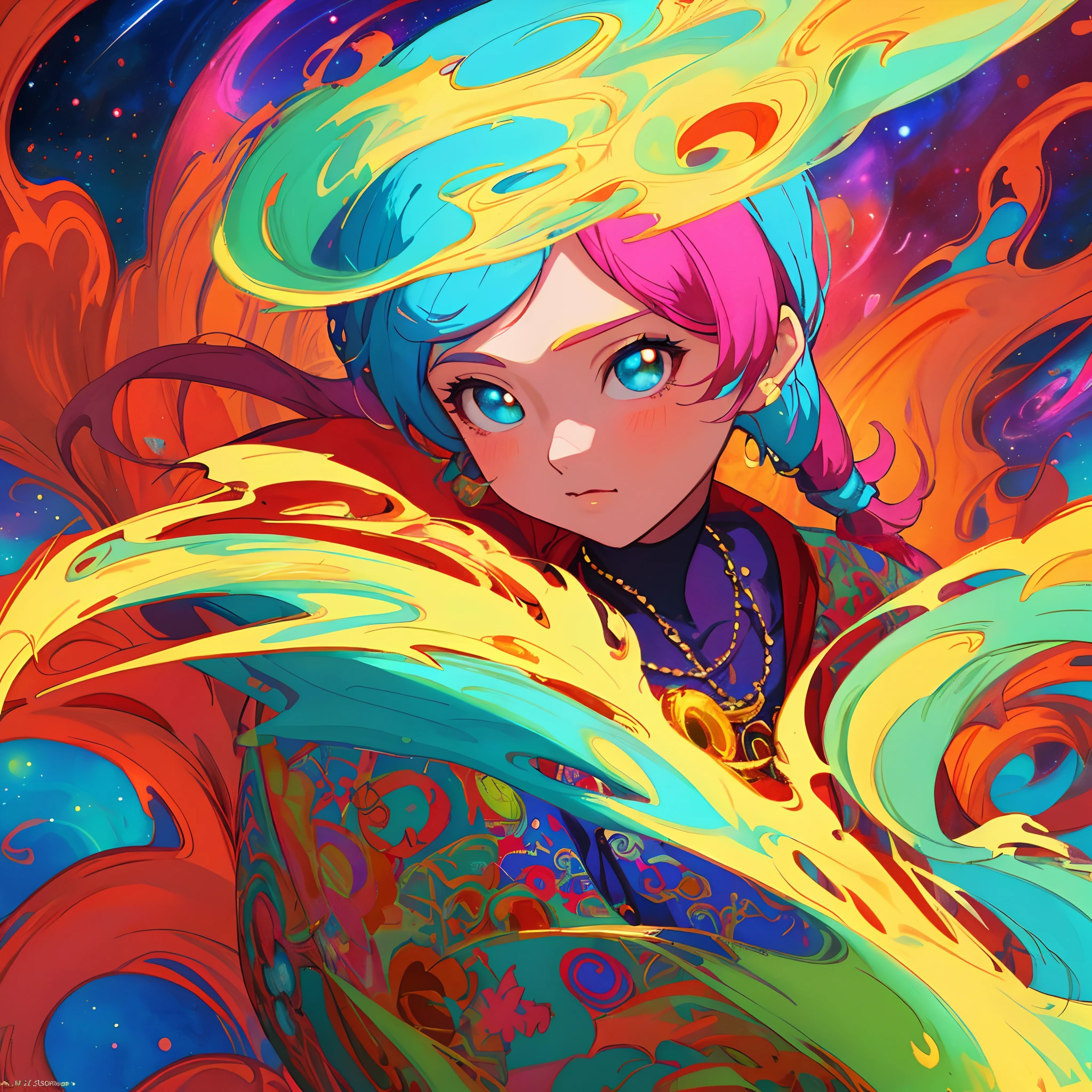 Close-up of a woman with colorful hair and necklace, anime girl with cosmic hair, The soft vitality of Rostus, Guviz-style artwork, Fantasy art style, Colorful], vibrant fantasy style, Vibrant Ross Comics, cosmic and colorful, Guviz, Colorful digital fantasy art, stunning art style, Beautiful anime style, White skin, pyjamas,