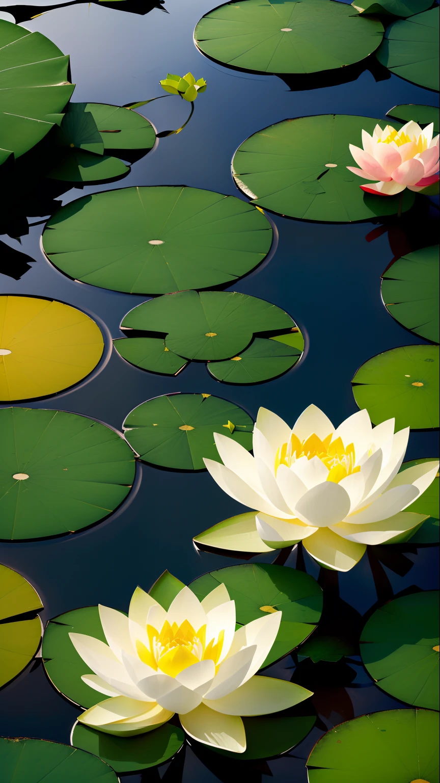 Masterpiece, exquisite, beautiful scenery deep in the lotus pond, (colourful, vivid, sunny, cool light: 1.2) lotus leaves in the pond. high quality high quality