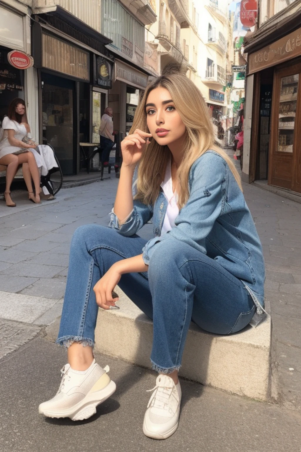 arafed woman sitting in sunny street, a portrait inspired by Gina Pellón, instagram, tachisme, violet myers, lorena avarez, olivia culpo, alanis guillen, looks like laura barriales, portrait sophie mudd, tanned ameera al taweel, beautiful iranian woman, blonde hair, busy street, casual outfit