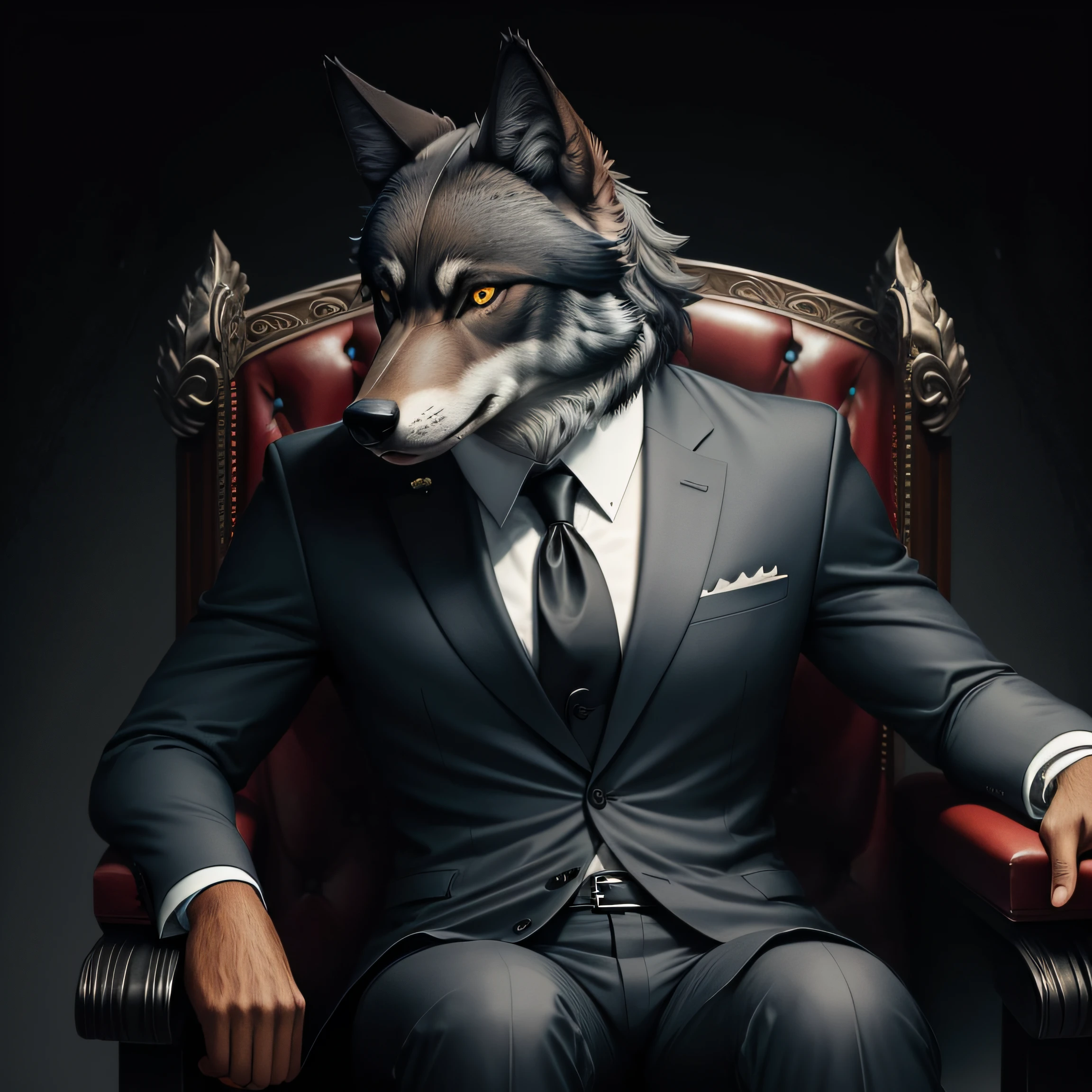 symmetric portrait, black Male wolf-headed (gray wolf) man in suit, sitting in a business manager chair