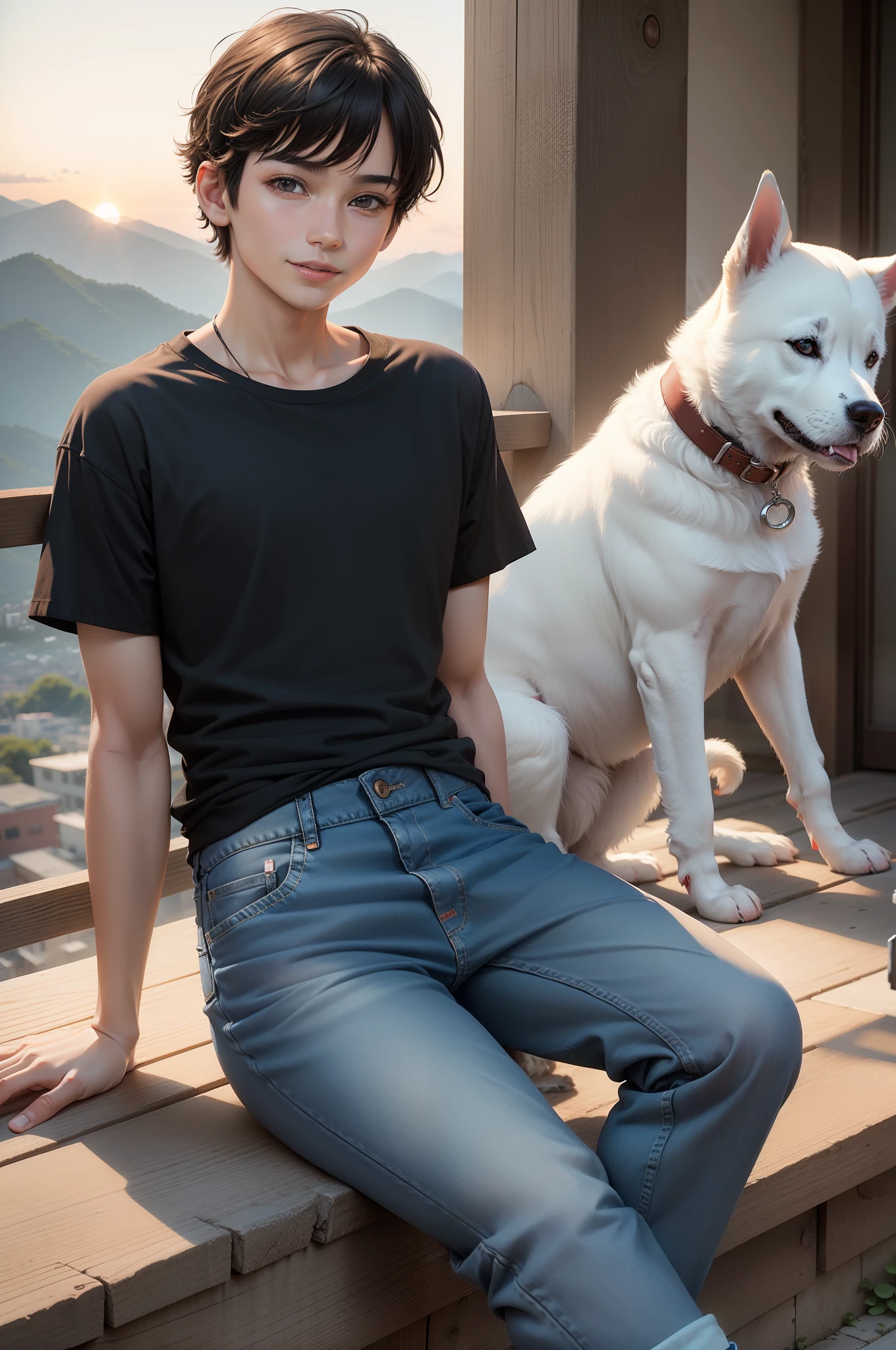 Best Quality, 超A high resolution, 12year old, One boy and a white puppy, White Jack Russell, Solo, Short black hair, Black eyes, Black shirt, denim pant　innocent smiles　Street, (Externally expanded Chest: 1.2)　On a hill with a view　Cityscape with beautiful sunset　Red-collar puppies　real looking skin　Beautiful expression　in mountains　Wear an Aloha shirt　Long pants in denim only on the right leg