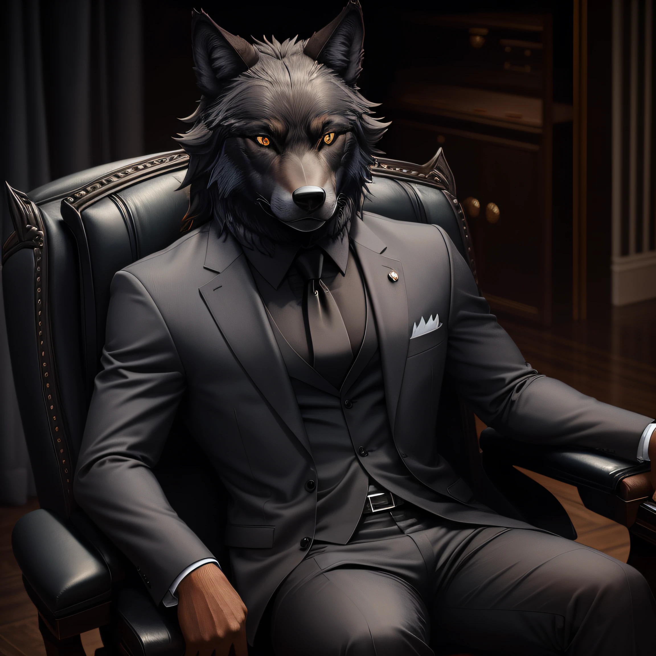 symmetric portrait, black Male wolf-headed (gray wolf) man in suit, sitting in a business manager chair