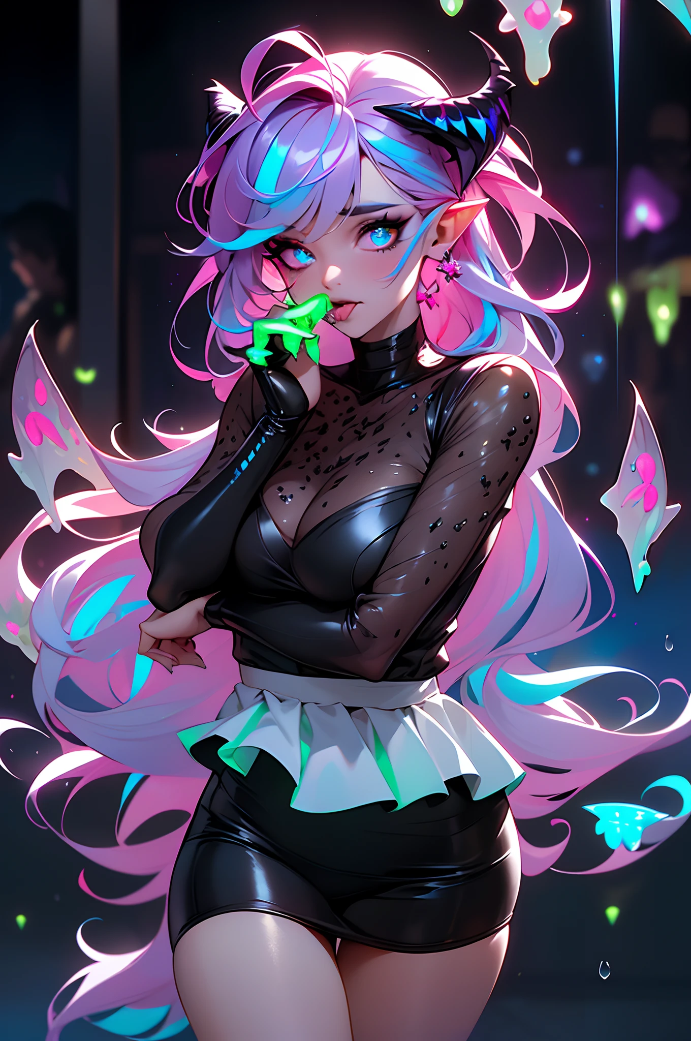 (Masterpiece:1.2), best quality, (illustration:1.2), (ultra-detailed),Eye focus,(Masterfully crafted Glow, pink lens flare), (Cinematic background), hyper details, (delicate detailed), (intricate details), octane render, hdr, (hyperdetailed:1.15), (soft light:1.2), 1girl, beautiful girl, ultra detailed eyes, mature, plump, thick, rainbow painting drops, outdoors, (bioluminescent hair:2),(glowing eyes), ((makeup)),(Cinematic masterpiece),(dynamic:1.2), fierce, powerful, splashes of colour absolutely eye-catching, (Cinematic headlight),((caustic)), dynamic angle, beautiful detailed glow, ambient occlusion, ambient light, raytraced reflections,(best illumination, an extremely delicate and beautiful), ((cinematic light)), (soft:2), (Nephilim:1.2), halo, demon horns, demon wing, wings on back, half demon, demon ears, black wings, raven wings, (falling raven feathers), (radiant aura), visible raven, (half angel), (long metal fingernails), (licking Finger:1.2), sexy, alluring, long sleeve gloves, perfectly drawn hands, 4 fingers, 1 thumb, realistic hand shape
