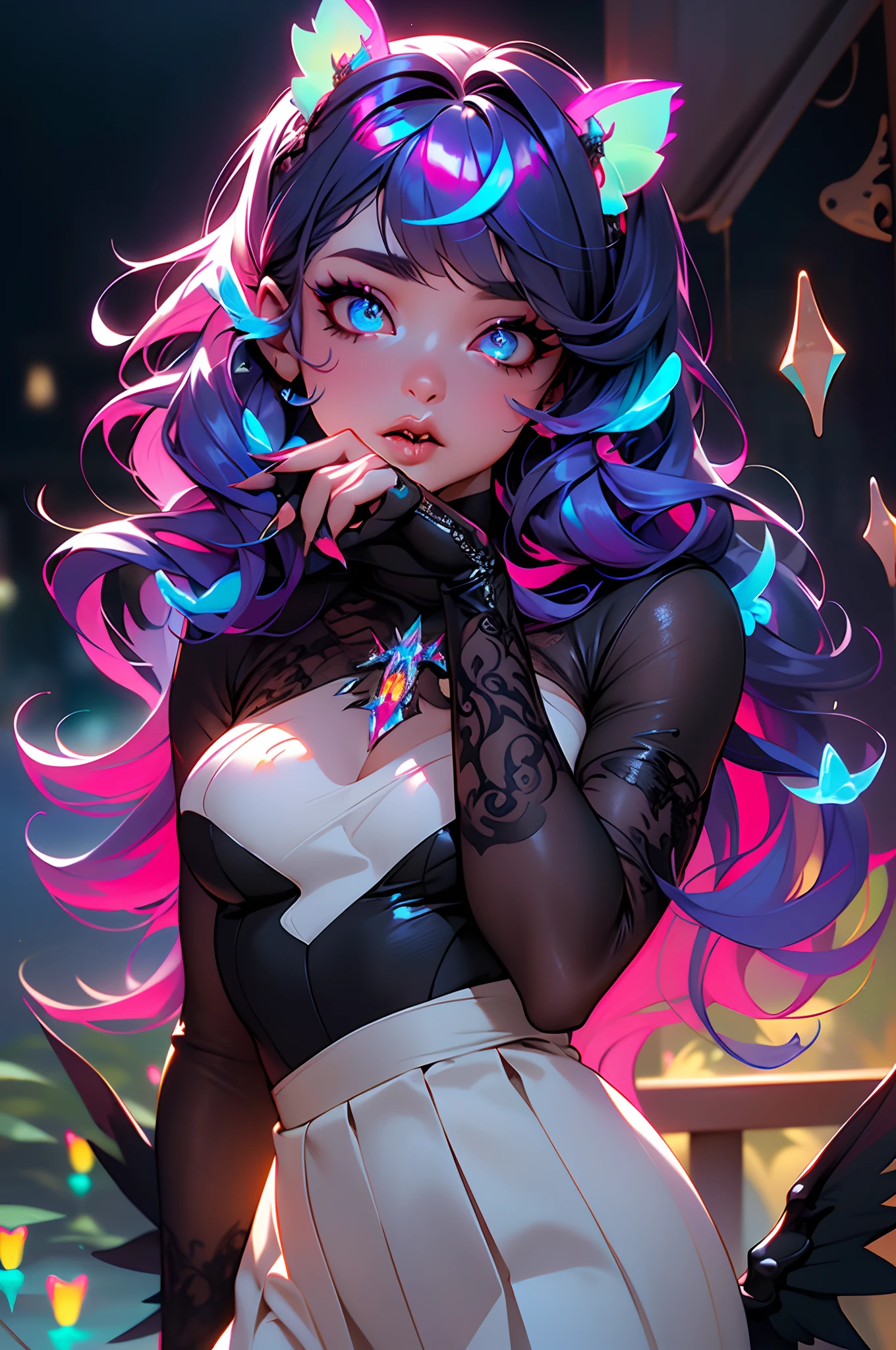 (Masterpiece:1.2), best quality, (illustration:1.2), (ultra-detailed),Eye focus,(Masterfully crafted Glow, pink lens flare), (Cinematic background), hyper details, (delicate detailed), (intricate details), octane render, hdr, (hyperdetailed:1.15), (soft light:1.2), 1girl, beautiful girl, ultra detailed eyes, mature, plump, thick, rainbow painting drops, outdoors, (bioluminescent hair:2),(glowing eyes), ((makeup)),(Cinematic masterpiece),(dynamic:1.2), fierce, powerful, splashes of colour absolutely eye-catching, (Cinematic headlight),((caustic)), dynamic angle, beautiful detailed glow, ambient occlusion, ambient light, raytraced reflections,(best illumination, an extremely delicate and beautiful), ((cinematic light)), (soft:2), (Nephilim:1.2), halo, demon horns, demon wing, wings on back, half demon, demon ears, black wings, raven wings, (falling raven feathers), (radiant aura), visible raven, (half angel), (long metal fingernails), (licking Finger:1.2), sexy, alluring, long sleeve gloves, perfectly drawn hands, 4 fingers, 1 thumb, realistic hand shape