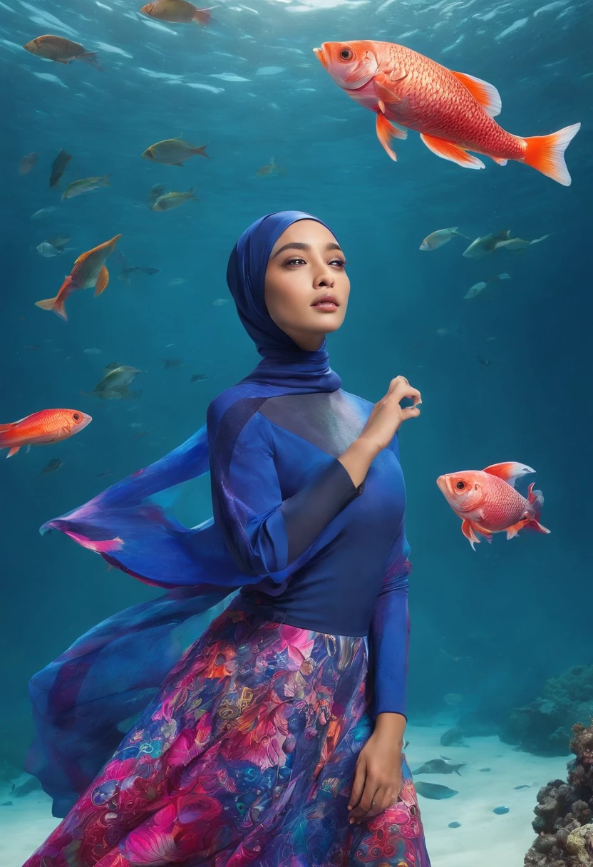 Compose a breathtaking underwater photograph featuring a Malay girl in a hijab and wetsuit, joyfully swimming amidst a large school of colorful fish in the ocean. Capture the fluidity of her swim movement and the genuine happiness on her face as she interacts with the marine life. Utilize underwater photography techniques to enhance the clarity and vibrancy of the underwater world, highlighting the diversity and beauty of the fish surrounding her. Showcase the unique blend of culture, nature, and adventure in this captivating image, evoking a sense of wonder and unity with the ocean's wonders