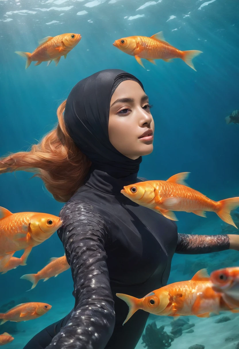 Compose a breathtaking underwater photograph featuring a Malay girl in a hijab and wetsuit, joyfully swimming amidst a large school of colorful fish in the ocean. Capture the fluidity of her swim movement and the genuine happiness on her face as she interacts with the marine life. Utilize underwater photography techniques to enhance the clarity and vibrancy of the underwater world, highlighting the diversity and beauty of the fish surrounding her. Showcase the unique blend of culture, nature, and adventure in this captivating image, evoking a sense of wonder and unity with the ocean's wonders