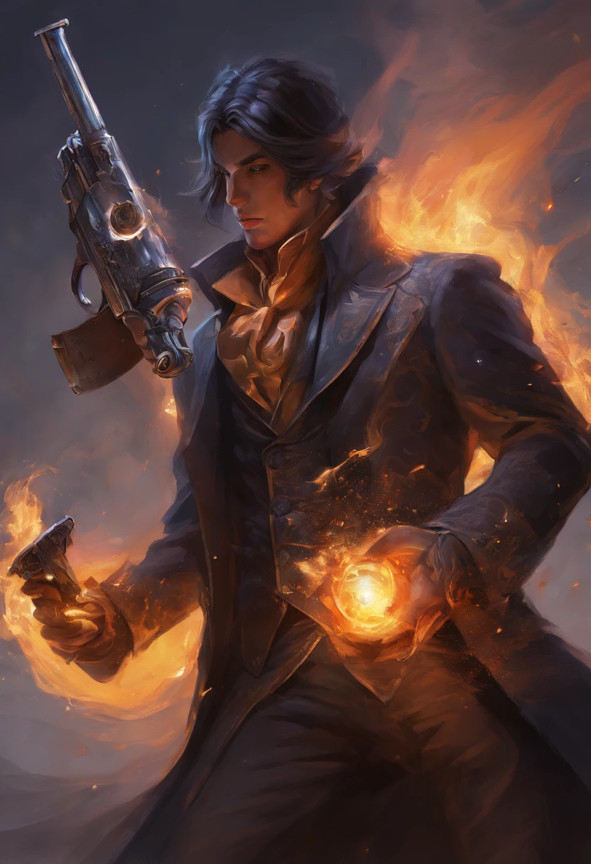 Revolver with dark particles, black smoke billowing from his pipe, Dark revolver, arma das sombras, Revólver Belho West, double revolver, cor negra, alchemist carving on revolver, British webley MK IV revolver