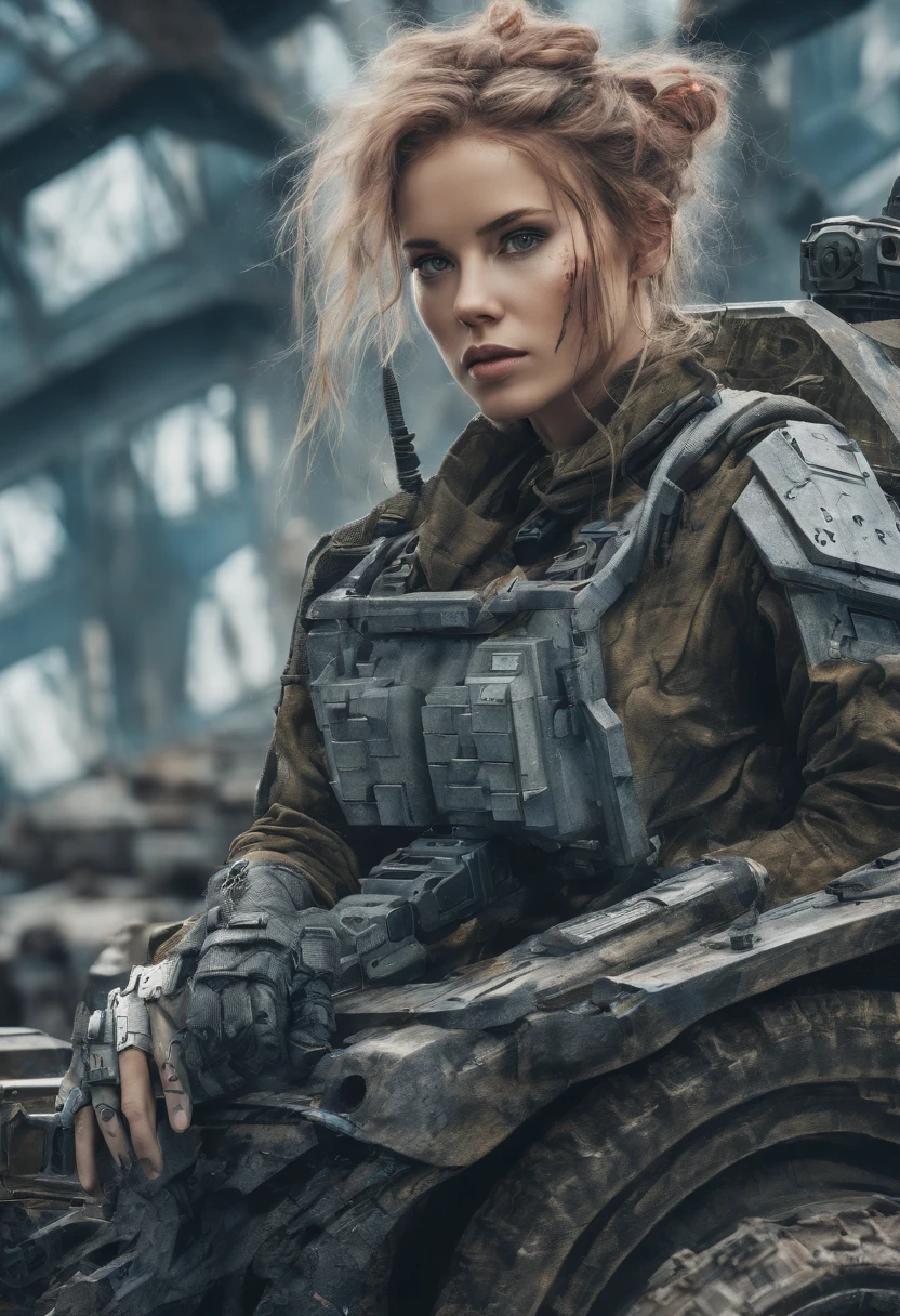 Beautiful hyperrealistic photograph of cute Young Swedish woman with Runic tattoos, ((dirty face Blood splattered)), (((wearing full heavy mecha armor, combat harness, Neon highlights))) Short Red and Blue Braids, (((sitting on a Futuristic Tank pose))), (exterior of Military Facility in the background), Camo netting, Ammo Boxes abstract beauty, near perfection, pure form, Golden Ratio, concept art, By Brian Froud and Carne Griffiths and Wadim Kashin, intricate detail, 8k post-production, High resolution, super Detail, trending on ArtStation, sharp focus, studio photos, intricate detail, Very detailed, By Greg Rutkowski