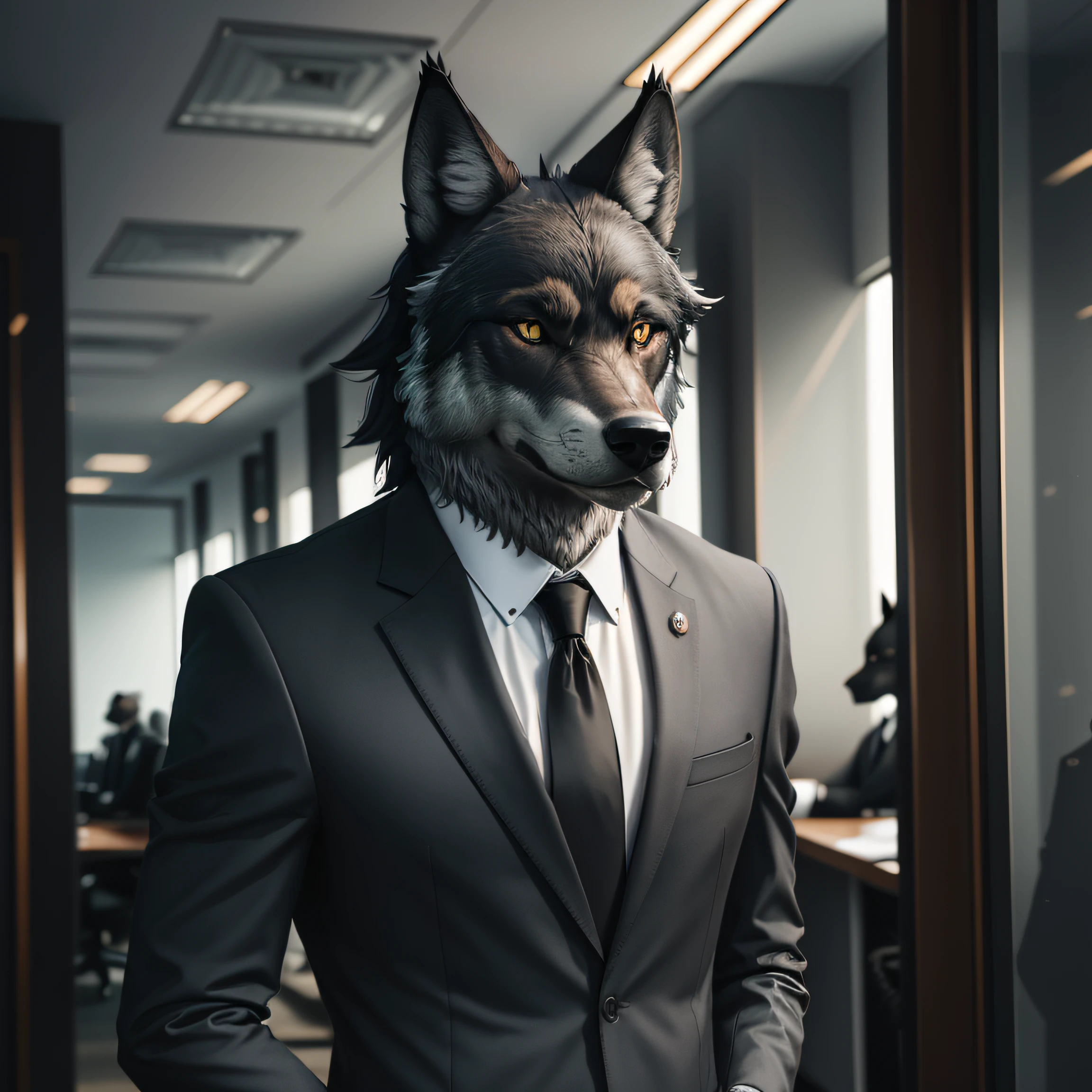 symmetric portrait, black Male wolf-headed (gray wolf) man in suit, standing in a business office