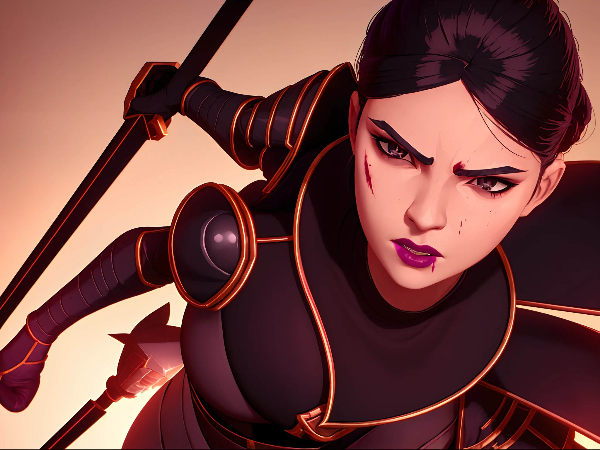arcane style, 1girl, black hair, black clothing, shadow powers, shadow puppets, naginata, detailed eyes, good quality image, detailed face, good anatomy, , injury, japanese clothing with armor, bleeding nose, wiping blood off nose