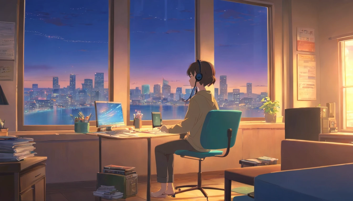 portlate、512、lo-fi、Girl in headphones sitting on a chair、Napping at your desk、Eyes closed、City view outside the window、early evening、PastelColors、Painting