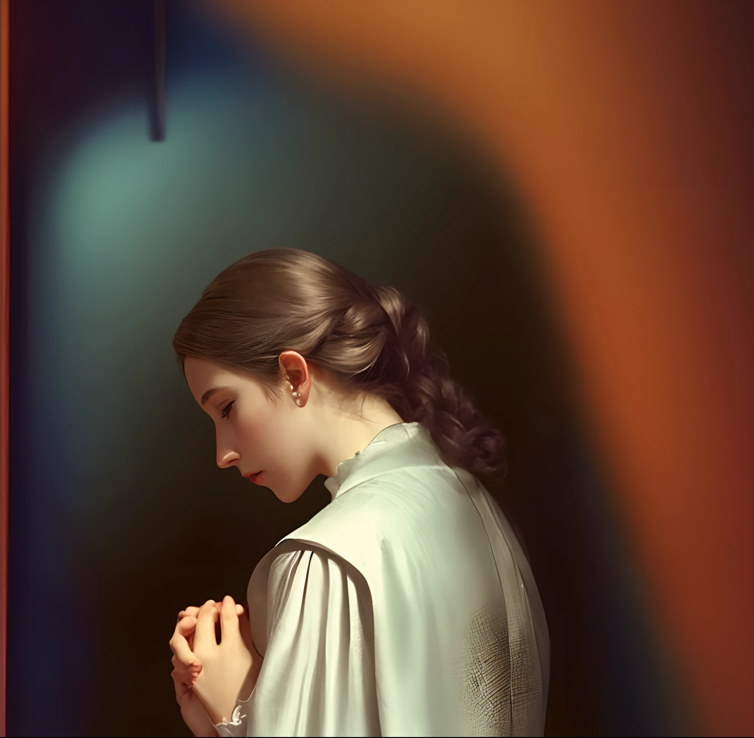 foto realista de uma rezando de joelhos, Woman in white shirt is praying in a room, inspirado em Godfried Schalcken, Por Irakli Nadar, Directed by: Anna Füssli, Directed by: Artur Tarnowski, inspirado em Elsa Bleda, Directed by: Laszlo Balogh, Directed by: Julian Fałat, monia merlo, inspired by Anna Füssli, cinematic