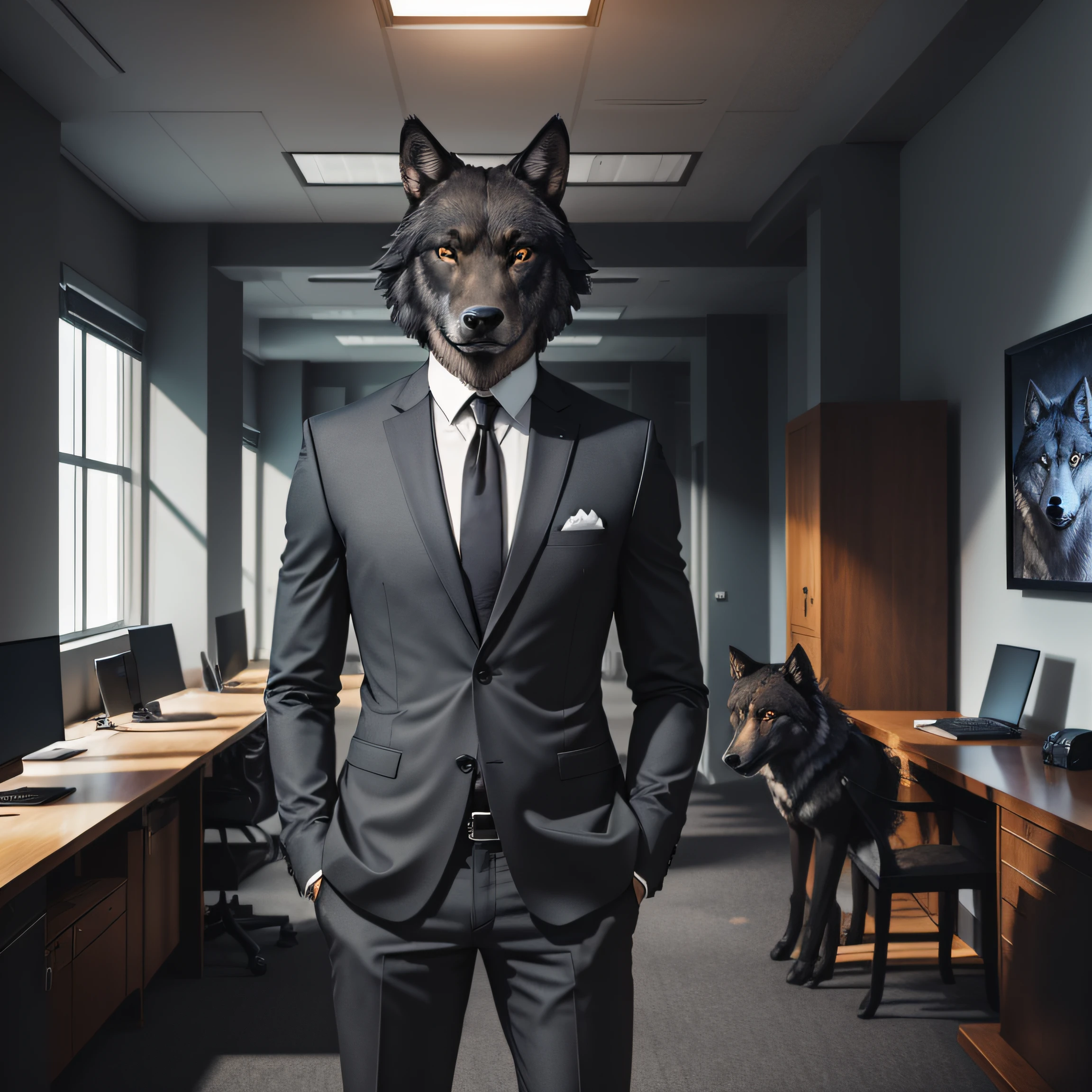 symmetric portrait, black Male wolf-headed (gray wolf) man in suit, standing in a business office