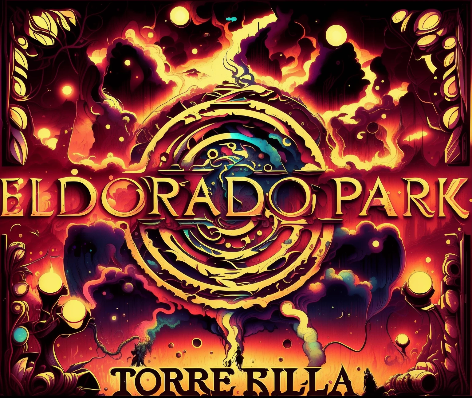 Uma imagem de um logotipo para um jogo chamado Eldora Park, Virado, arte da capa, El Dorado, capa do pacote, album cape, Rali de Theodore, album cape, album cape, tornado, Lodosos, Arte Promocional, Tomorrowland, inspirado em Roberto Parada, inspirado em Tom La Padula, arte psytrance, arte detalhada da capa, Album art, reboque, harmonico, industrial.