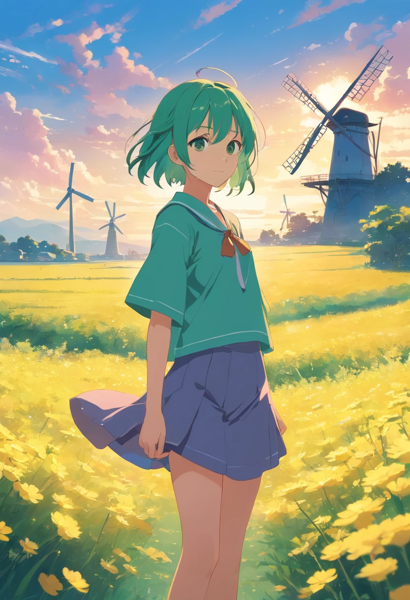 canvas,high qulity,High pixel, sister,clothes details,Avant-garde attire,Light green hair,psychedelic style,Colored pupils,rapeseed flower field,windmills,small stream,Character details