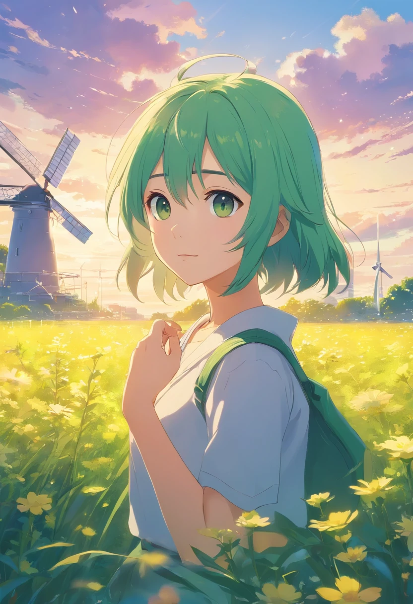 A girl with green hair standing in a field of flowers - SeaArt AI