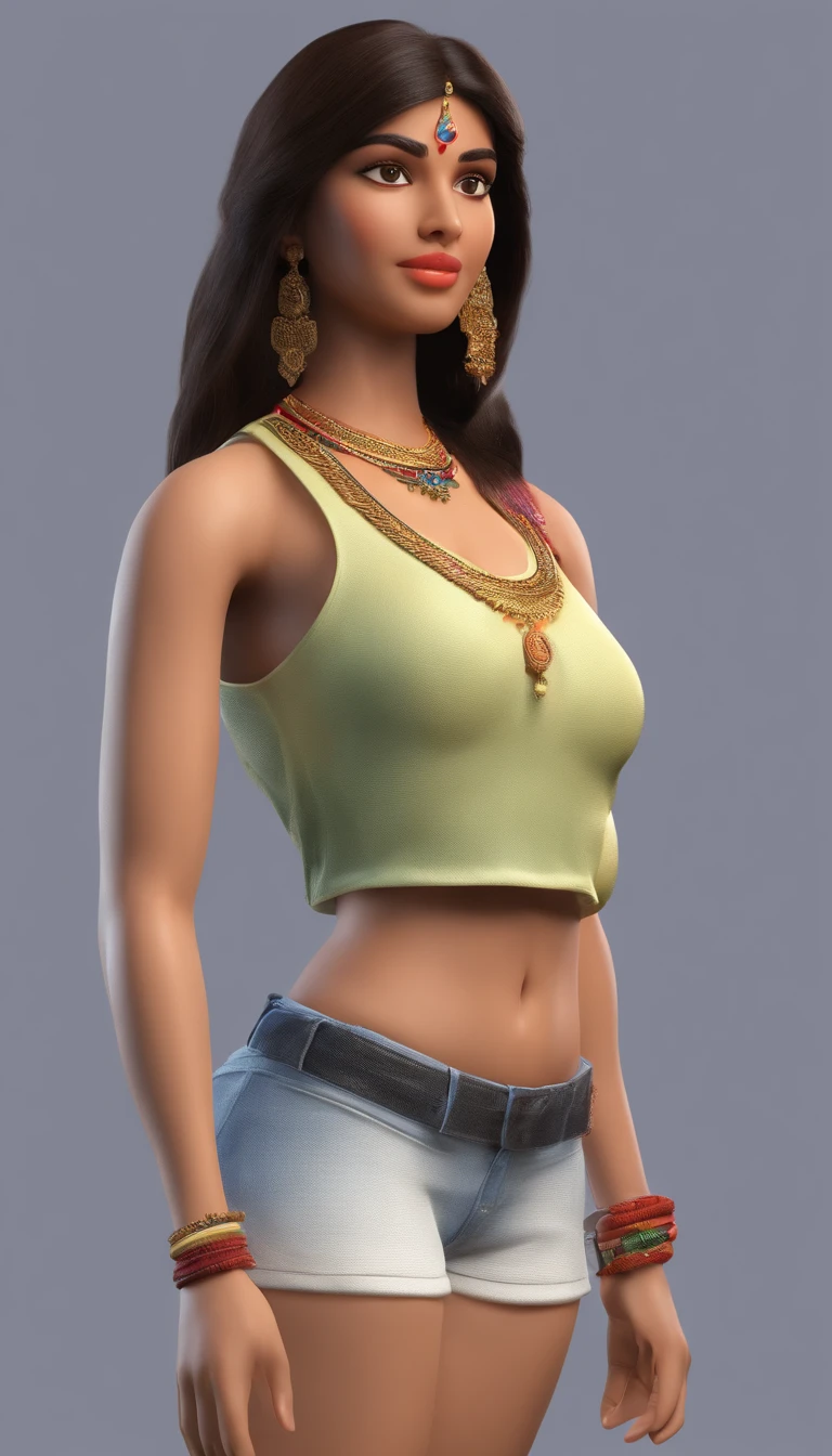 A 20 years old Indian girl in crop with beautiful face of an south indian and feminine body structure with frim boobs in Hyper Realistic image