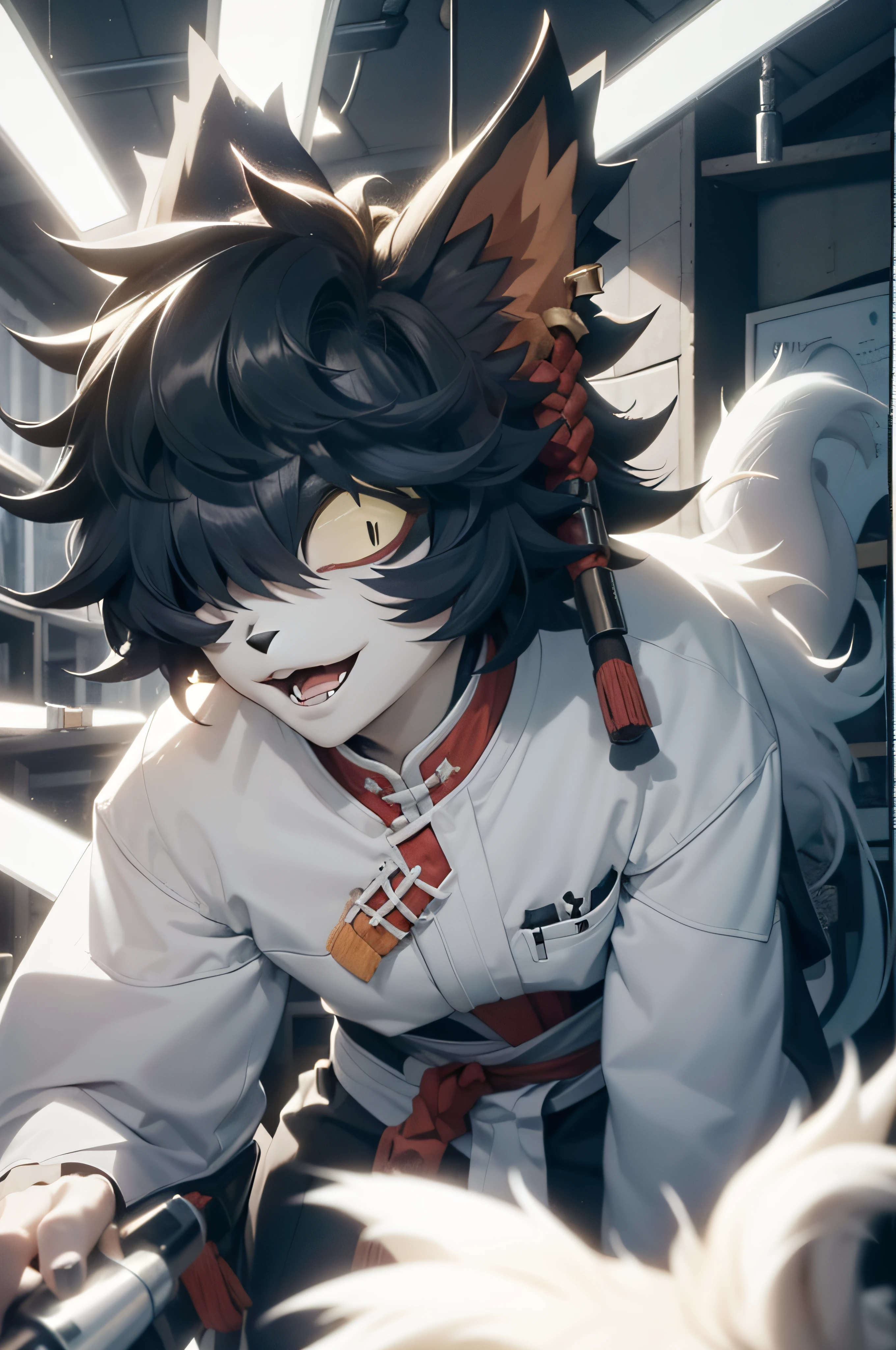 (The best picture quality),(body complet, like a)(standup) (tmasterpiece), ((single person)),(hyper detailed), (long haired), tousled,(Male Arctic Fox:1.5), (blue fur:1.3),(Dragon Wings)(Yellow stripes) (furry tail:1.2), (Blue-yellow eyes), (sharp claws), (Grey Ears),(male)(gray t-shirt,Grey shorts) Opening the mouth, sharp-focus,(Fluffy sensation of the animal's ears),(In an abandoned laboratory,dimly lit),(reconnaissance),(scared),(look around), (The background of the city)