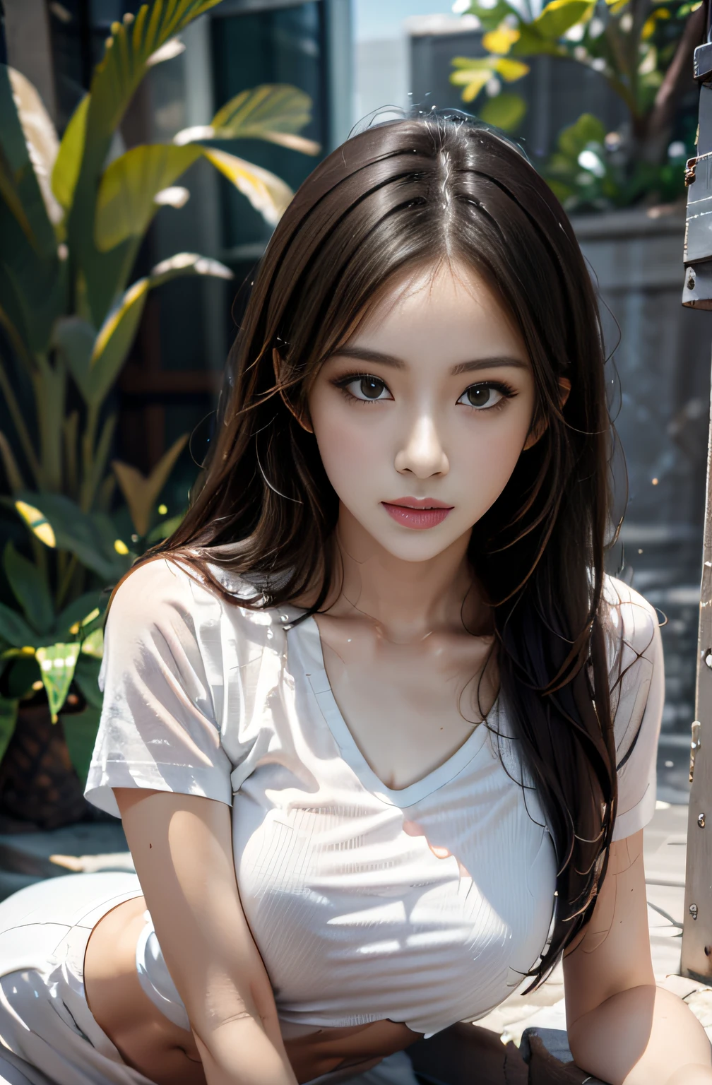 best qualtiy, tmasterpiece, 1girll, beauitful face, (photograph realistic:1.3), edge lit, (highdetailskin:1.2), 8K Ultra HD, digital SLR camera, high high quality, A high resolution, 4K, 8K, Bokeh, absurderes, Optimal proportions of four fingers and one thumb, (realisticlying:1.3), Cute 1girl, dressed in a white t-shirt, mediuml breasts, Short white dress