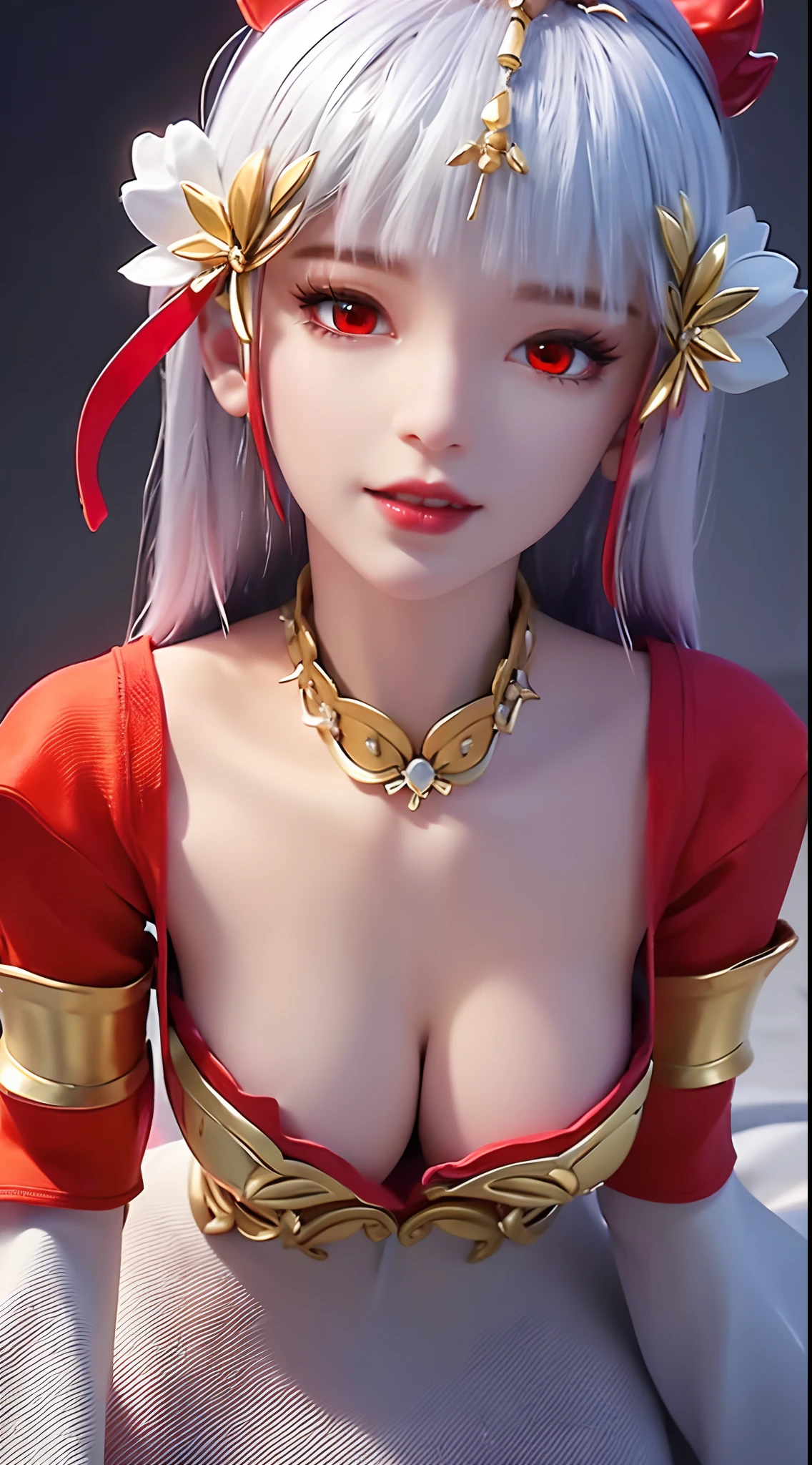 "A beautiful 20 year old young woman, (((sexy slim dress:1.6))), the body is balanced and plump, white dress with red trim, platinum hair color, platinum bangs, the most beautiful and detailed hair jewelry, extremely round shape and face beautiful, thin eyebrows, most beautiful and perfect face, ((black eye pupils:0.8)), very beautiful eyes, ((red eyes:1.4)), eyelashes makeup and beautiful details, high nose, earrings, thin lips, red lips, ((closed mouth: 1.5)), beautiful lips, (((arms behind your back:1))), smooth white skin, most beautiful thighs, ((arms spread out to the sides: 1.5)), strong arms and legs, rosy face, clean face, flawless beautiful face, smooth white skin, cleavage, ((big breasts:1.6)), ((very round breasts:1.3)), ((tight chest:1.2)), ((breast augmentation:1.5)), beautiful breasts, ((lower biceps: 1.5)), sitting across from the audience, hands on the floor, 8k photo quality, super high quality, super realistic, 10x super pixel, realistic photo, studio dark, rim light, two-tone light, (high detail skin: 1.2), ultra 8k, soft light, high quality, volumetric light, realistic, Photo, high resolution, light bright, best photo, 4k quality, Smooth and sharp, 10x pixels, (galaxy:1.7), aurora, lightning, surreal graphics, most realistic graphics, 1 girl, alone, solo, Super sharp, surreal images, closer to the girl, ((frontal portrait:1.5)),"