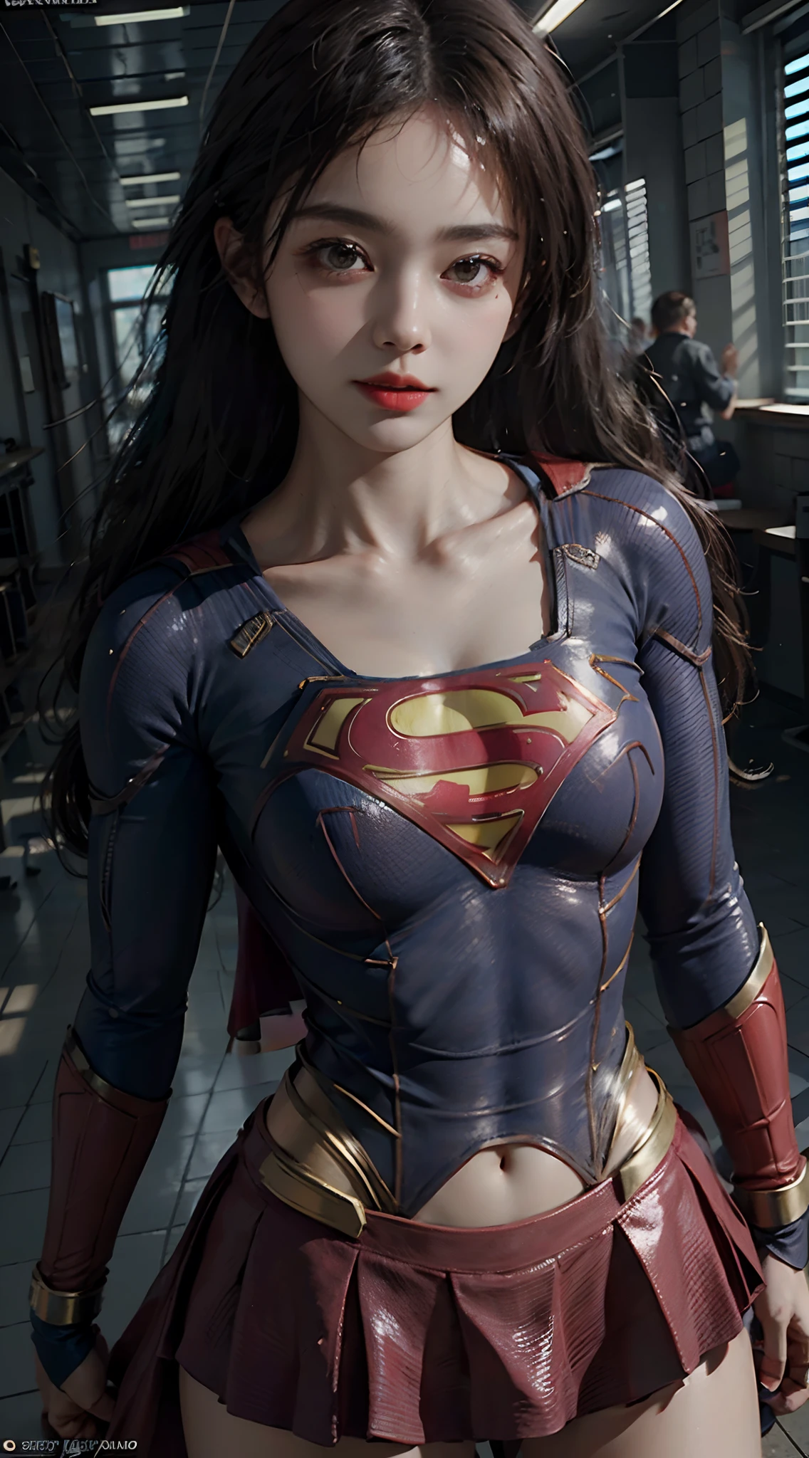 ((Best Supergirl Quality)), ((Masterpiece)), (Detailed: 1.4), 3D, a Detailed Image to Actress Imogen Poots Cyberpunk,HDR (High Dynamic Range),Ray Tracing,NVIDIA RTX,Super-Resolution,Unreal 5,Subsurface Scattering, PBR Texture, Post-processing, Anisotropic Filtering, Depth of Field, Maximum Clarity and Sharpness, Multilayer Textures, Albedo and Specular Maps, Surface Shading, Accurate Simulation of Light-Material Interaction, Perfect Proportions, Octane Render, Two-Tone Lighting,Wide Aperture,Low ISO,White Balance,Rule of Thirds,8K RAW, using Superman S symbol on chest. Cyberpunk.