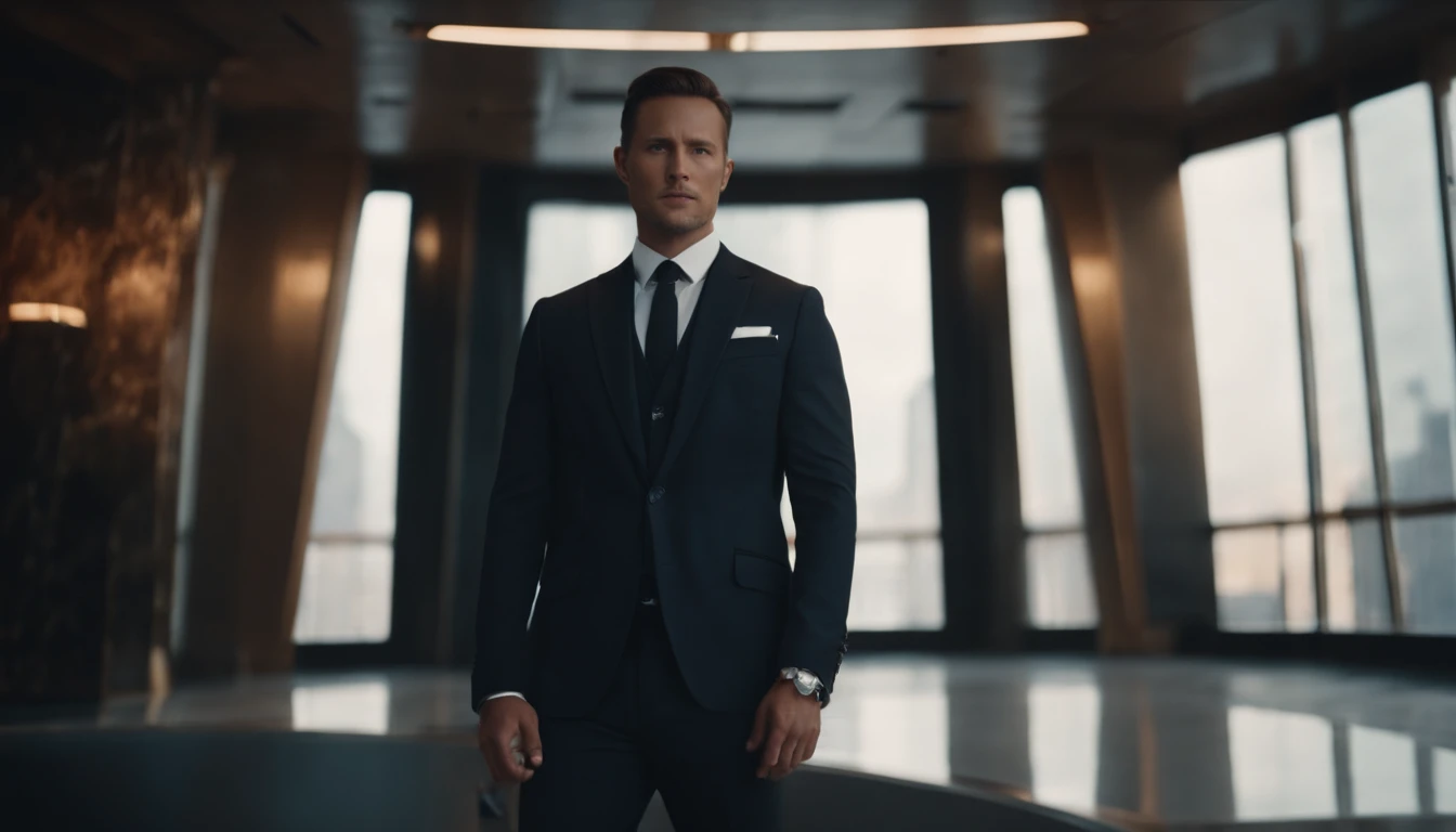 ChatGPT as a handsome 30 year old man, Mandarin collar suit, futuristic, advanced, sarcastic, sexy, attractive, 4K, ultra realistic