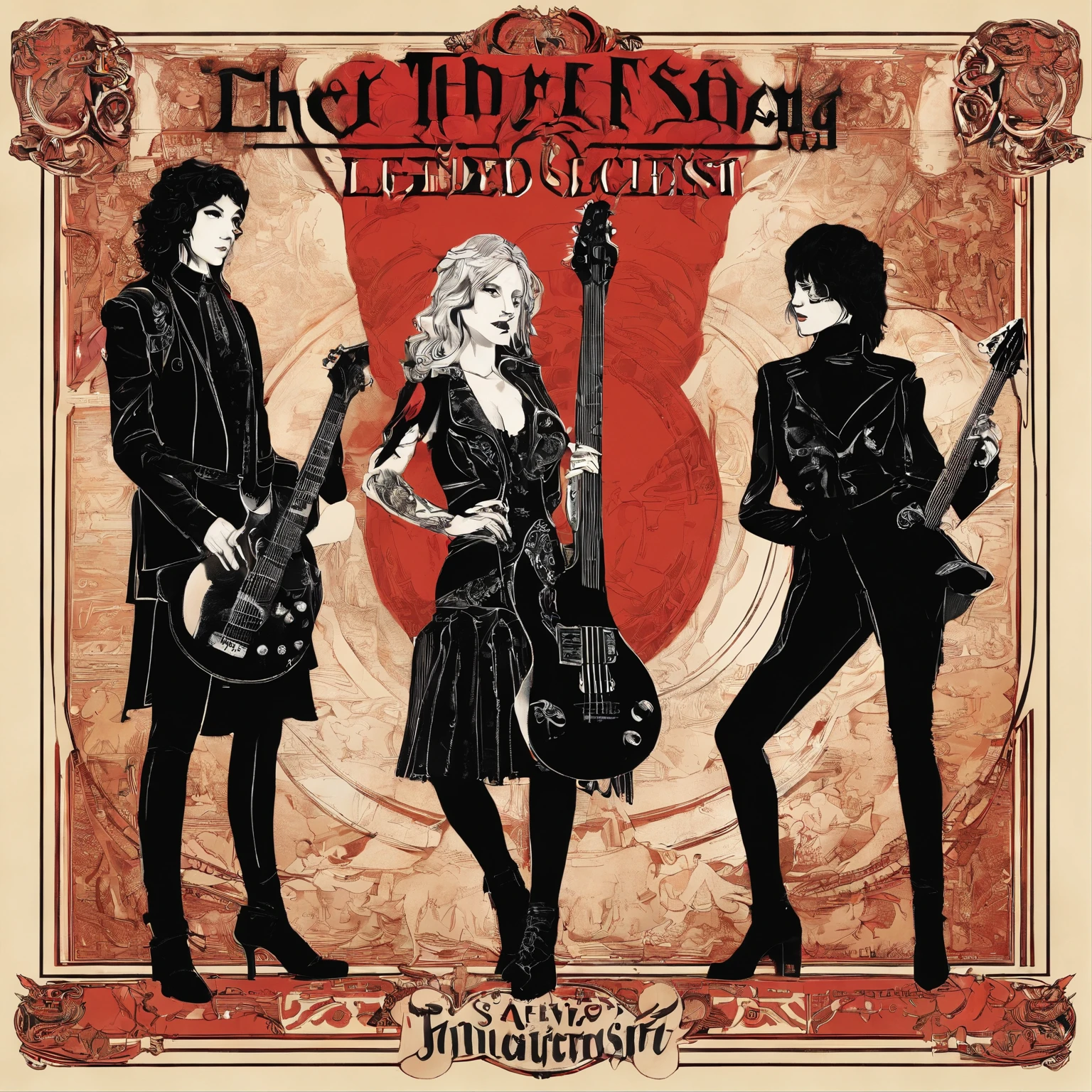 ​masterpiece、top-quality、hight resolution、High-quality images、8K、Photorealsitic、３ maidennurse、detaileds、Detailed eye depiction、skin gloss、shinny hair、Soft hair、((３Different people have different hair colors and lengths、Red Black Leather Stage Costume、Vocal＆guitarrist＆bassist:1.4))、portlate、((Concert Posters、Three Female Rock Band、Titles "legends"、Three Faces:1.5))、symbolic、Superstar、Charisma、((by mucha、Decorative:1.3))、