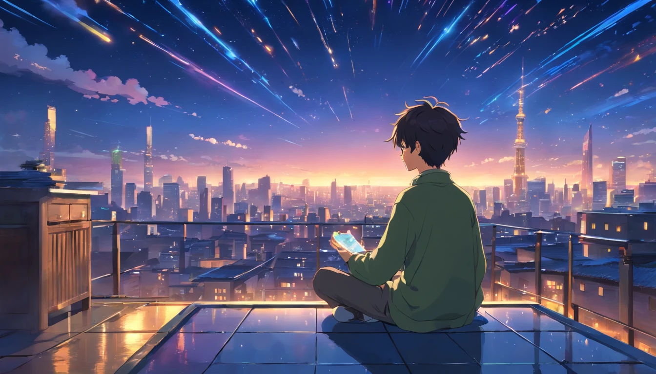 (best quality, highres, realistic:1.37), HDR, (concept art), a boy meditating on the rooftop with a starry sky and mystical lights surrounding him, overlooking the city scene. [Mystical atmosphere], [peaceful], [serenity], [calmness], [tranquility]. The boy's closed eyes create a sense of deep meditation, while the starry sky above adds a touch of magic to the scene. The rooftop is adorned with [soft cushions] for comfort, and surrounding the boy are flickering [ethereal lights] that emit an otherworldly glow. The lights create an enchanting aura, reminiscent of the night sky filled with shooting stars and celestial wonders. The city below is bustling with [vibrant energy], [lively colors], and [busy streets]. The tall buildings are illuminated with various [colorful lights], casting a warm glow onto the streets. In the distance, the silhouettes of [skyscrapers] can be seen, creating an urban skyline against the twilight sky. The ambiance is [mysterious] and [magical], evoking a sense of curiosity and wonder. The boy's presence atop the rooftop symbolizes his desire for solace and a chance to escape the chaos of the city. The composition of the scene, with the boy as the central focus, highlights the importance of inner peace and reflection. Every detail is meticulously crafted, from the boy's [calm expression] to the intricate patterns of the celestial lights. The artwork showcases a [dreamlike] and [surreal] setting, inviting viewers to contemplate the boundaries between reality and the imagination. As viewers gaze at the painting, they are transported to a world of serenity and tranquility, where meditation and magic intertwine.