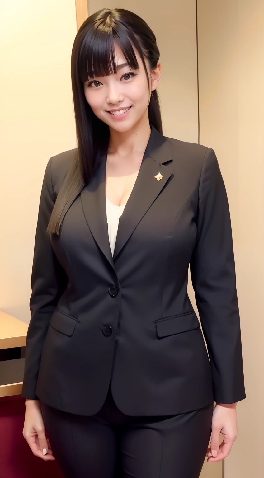 Smiling Japan beauty wearing pitch suit,Full-body figure,tthin eyebrows,A dark-haired,pony tail hair,Bangs are bangs,Huge breasts,meaty legs,Sweaty