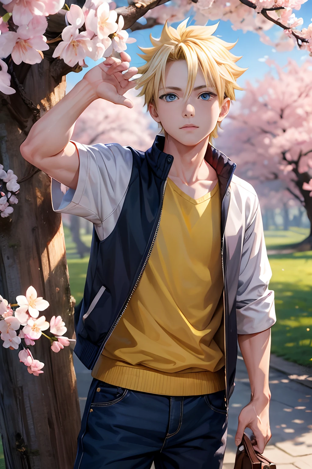 (masterpiece), best quality, high resolution, highly detailed, detailed background, perfect lighting, outdoor, 1boy, cherry blossoms in full bloom, blue eyes, short yellow hair, Uzumaki Naruto, cool boy, handsome boy