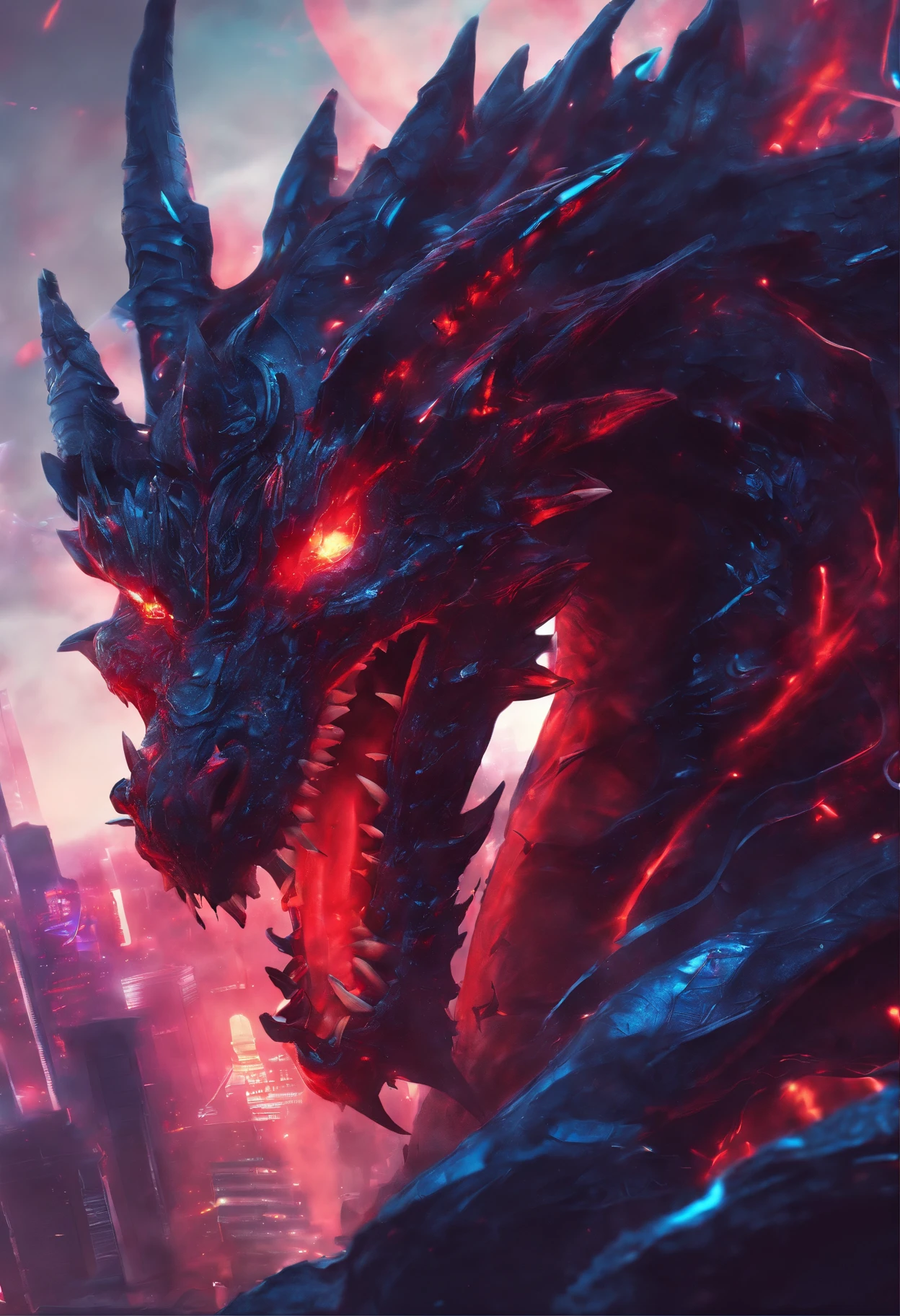 (Dragon celestial dorado) con (ojos penetrantes de color rojo),primer plano soltando (fuego de sangre) por la nariz,escamas bulumetricas,alta calidad,8k,muchos detalles,paticulas de fuego,alas,4patas,garraz manchadas,oro,peligro,fuego,dientes filosos,dragon gigante,colosal,amenazante,imponente,escamas azules