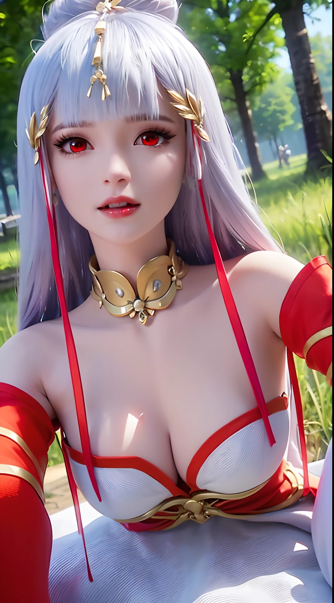 "A beautiful 20 year old young woman, (((sexy slim dress:1.6))), the body is balanced and plump, white dress with red trim, platinum hair color, platinum bangs, the most beautiful and detailed hair jewelry, extremely round shape and face beautiful, thin eyebrows, most beautiful and perfect face, ((black eye pupils:0.8)), very beautiful eyes, ((red eyes:1.4)), eyelashes makeup and beautiful details, high nose, earrings, thin lips, red lips, ((closed mouth: 1.5)), beautiful lips, (((arms behind your back:1))), smooth white skin, most beautiful thighs, ((arms spread out to the sides: 1.5)), strong arms and legs, rosy face, clean face, flawless beautiful face, smooth white skin, cleavage, ((big breasts:1.6)), ((very round breasts:1.3)), ((tight chest:1.2)), ((breast augmentation:1.5)), beautiful breasts, ((lower biceps: 1.5)), sitting across from the audience, hands on the floor, 8k photo quality, super high quality, super realistic, 10x super pixel, realistic photo, studio dark, rim light, two-tone light, (high detail skin: 1.2), ultra 8k, soft light, high quality, volumetric light, realistic, Photo, high resolution, light bright, best photo, 4k quality, Smooth and sharp, 10x pixels, (galaxy:1.7), aurora, lightning, surreal graphics, most realistic graphics, 1 girl, alone, solo, Super sharp, surreal images, closer to the girl, ((frontal portrait:1.5)),"