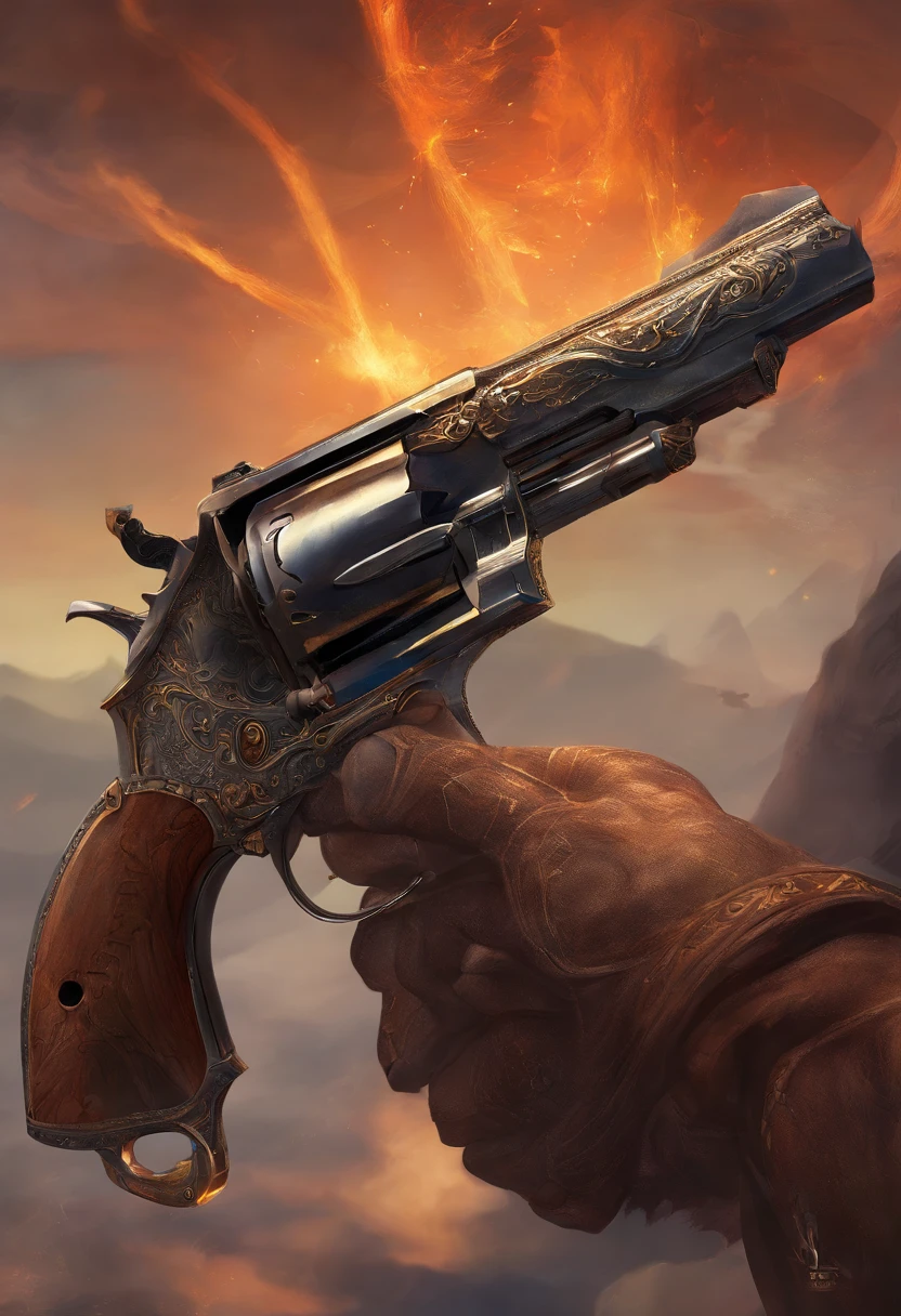 Revolver with dark particles, black smoke billowing from his pipe, Dark revolver, arma das sombras, Belho West Revolver, double revolver, cor negra, alchemist symbols carved into the revolver, British Webley MK IV revolver, apenas a arma, portrait arma, no scenery in the background, projeto da arma, arma, revolver