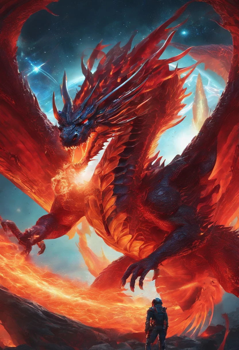 (Dragon celestial dorado) con (ojos penetrantes de color rojo),primer plano soltando (fuego de sangre) por la nariz,escamas bulumetricas,alta calidad,8k,muchos detalles,paticulas de fuego,alas,4patas,garraz manchadas,oro,peligro,fuego,dientes filosos,dragon gigante,colosal,amenazante,imponente,escamas azules