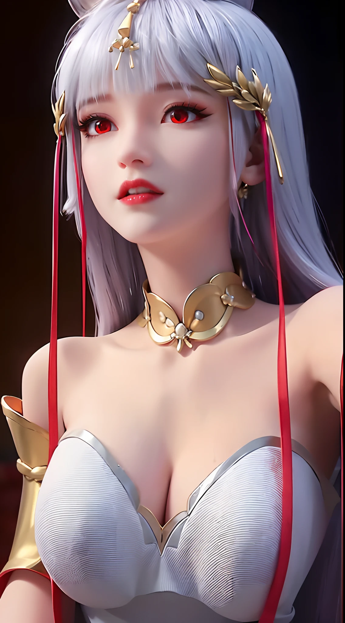 "A beautiful 20 year old young woman, (((sexy slim dress:1.6))), the body is balanced and plump, white dress with red trim, platinum hair color, platinum bangs, the most beautiful and detailed hair jewelry, extremely round shape and face beautiful, thin eyebrows, most beautiful and perfect face, ((black eye pupils:0.8)), very beautiful eyes, ((red eyes:1.4)), eyelashes makeup and beautiful details, high nose, earrings, thin lips, red lips, ((closed mouth: 1.5)), beautiful lips, (((arms behind your back:1))), smooth white skin, most beautiful thighs, ((arms spread out to the sides: 1.5)), strong arms and legs, rosy face, clean face, flawless beautiful face, smooth white skin, cleavage, ((big breasts:1.6)), ((very round breasts:1.3)), ((tight chest:1.2)), ((breast augmentation:1.5)), beautiful breasts, ((lower biceps: 1.5)), sitting across from the audience, hands on the floor, 8k photo quality, super high quality, super realistic, 10x super pixel, realistic photo, studio dark, rim light, two-tone light, (high detail skin: 1.2), ultra 8k, soft light, high quality, volumetric light, realistic, Photo, high resolution, light bright, best photo, 4k quality, Smooth and sharp, 10x pixels, (galaxy:1.7), aurora, lightning, surreal graphics, most realistic graphics, 1 girl, alone, solo, Super sharp, surreal images, closer to the girl, ((frontal portrait:1.5)),"