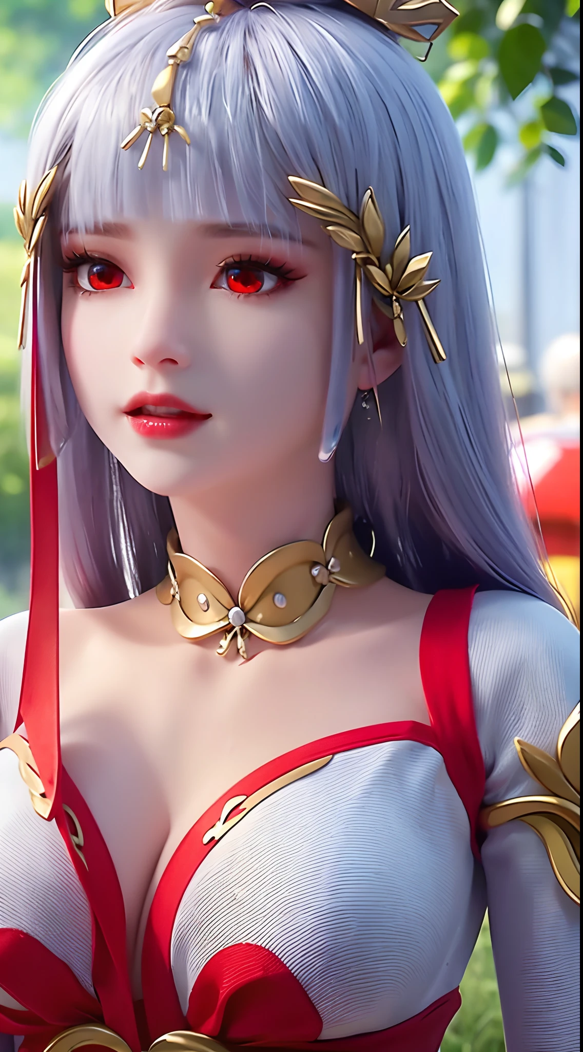 "A beautiful 20 year old young woman, (((sexy slim dress:1.6))), the body is balanced and plump, white dress with red trim, platinum hair color, platinum bangs, the most beautiful and detailed hair jewelry, extremely round shape and face beautiful, thin eyebrows, most beautiful and perfect face, ((black eye pupils:0.8)), very beautiful eyes, ((red eyes:1.4)), eyelashes makeup and beautiful details, high nose, earrings, thin lips, red lips, ((closed mouth: 1.5)), beautiful lips, (((arms behind your back:1))), smooth white skin, most beautiful thighs, ((arms spread out to the sides: 1.5)), strong arms and legs, rosy face, clean face, flawless beautiful face, smooth white skin, cleavage, ((big breasts:1.6)), ((very round breasts:1.3)), ((tight chest:1.2)), ((breast augmentation:1.5)), beautiful breasts, ((lower biceps: 1.5)), sitting across from the audience, hands on the floor, 8k photo quality, super high quality, super realistic, 10x super pixel, realistic photo, studio dark, rim light, two-tone light, (high detail skin: 1.2), ultra 8k, soft light, high quality, volumetric light, realistic, Photo, high resolution, light bright, best photo, 4k quality, Smooth and sharp, 10x pixels, (galaxy:1.7), aurora, lightning, surreal graphics, most realistic graphics, 1 girl, alone, solo, Super sharp, surreal images, closer to the girl, ((frontal portrait:1.5)),"