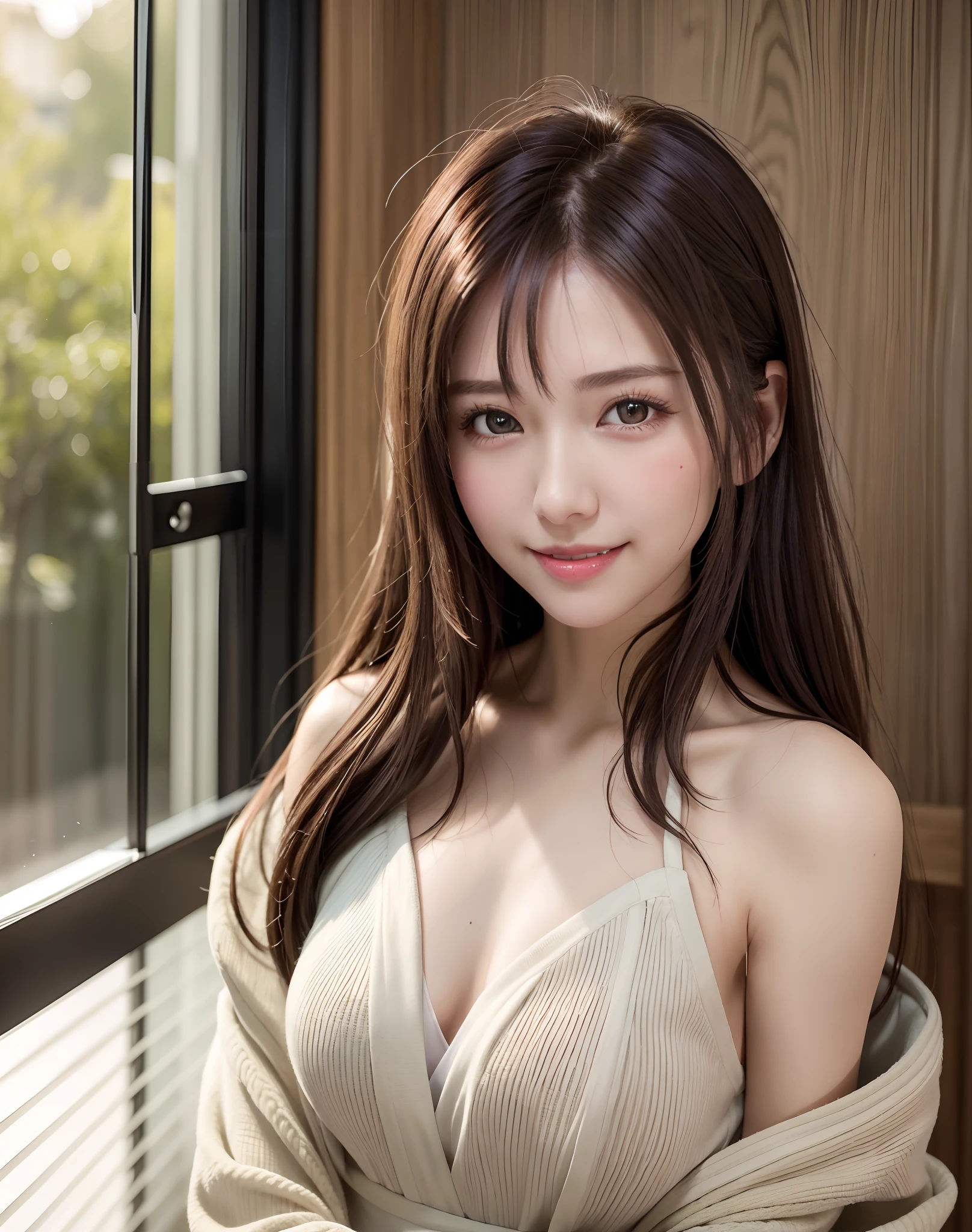 wrapped in a brown towel,woman,japanese,bare shoulders,black eyes,realistic details, high resolution,bokeh,outstanding details