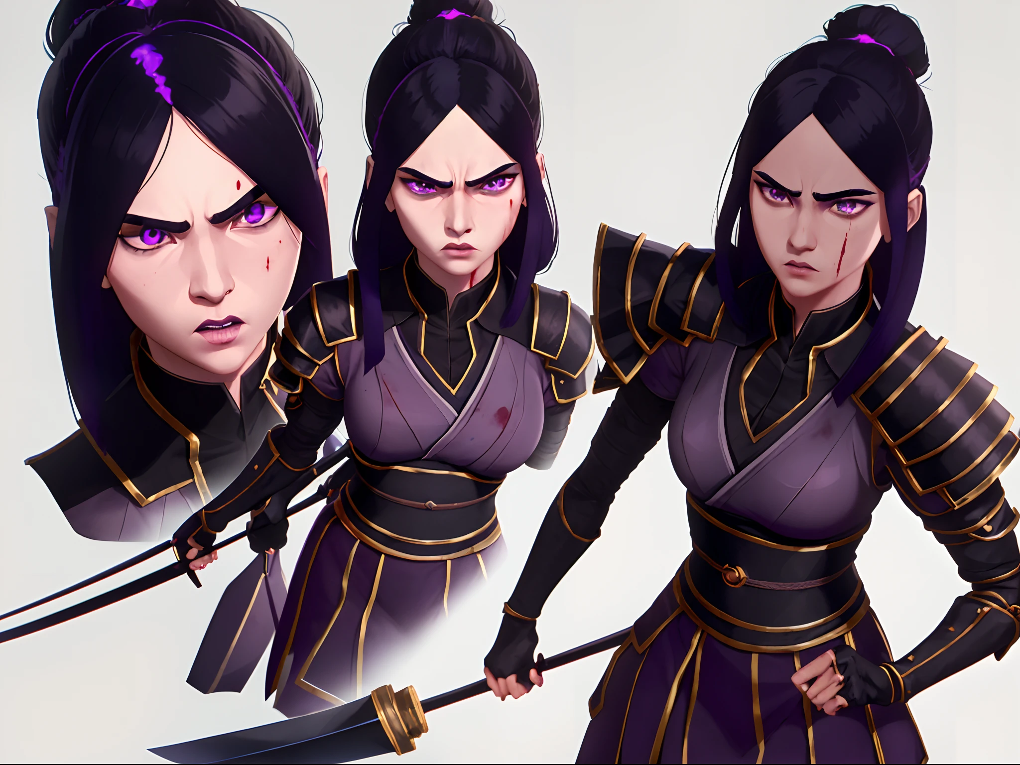 arcane style, 1girl, black hair, black clothing, shadow powers, shadow puppets, naginata, detailed eyes, good quality image, detailed face, good anatomy, 14 year old, injury, japanese clothing with armor, bleeding nose, wiping blood off nose, angry, purple eyes, shadow magic
